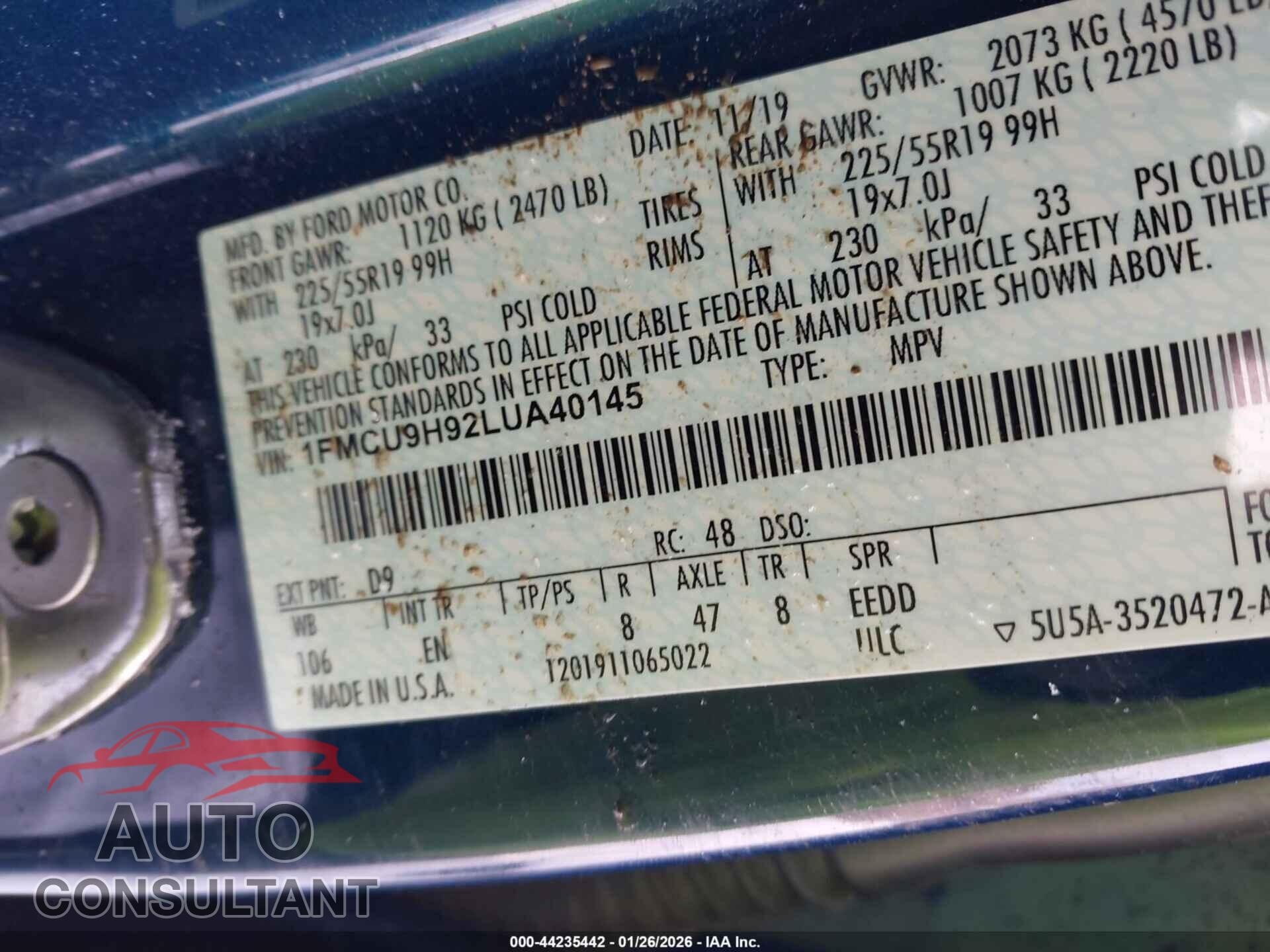 FORD ESCAPE 2020 - 1FMCU9H92LUA40145