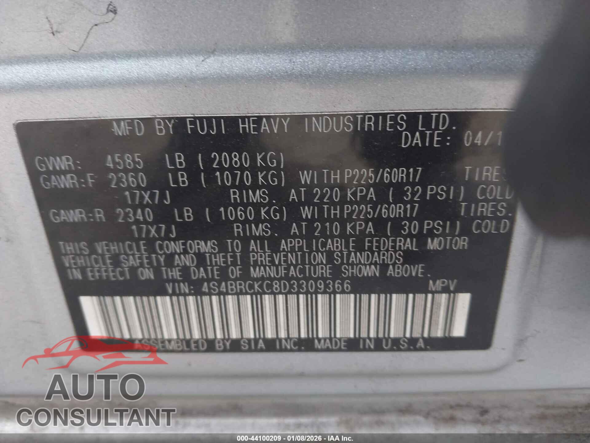 SUBARU OUTBACK 2013 - 4S4BRCKC8D3309366