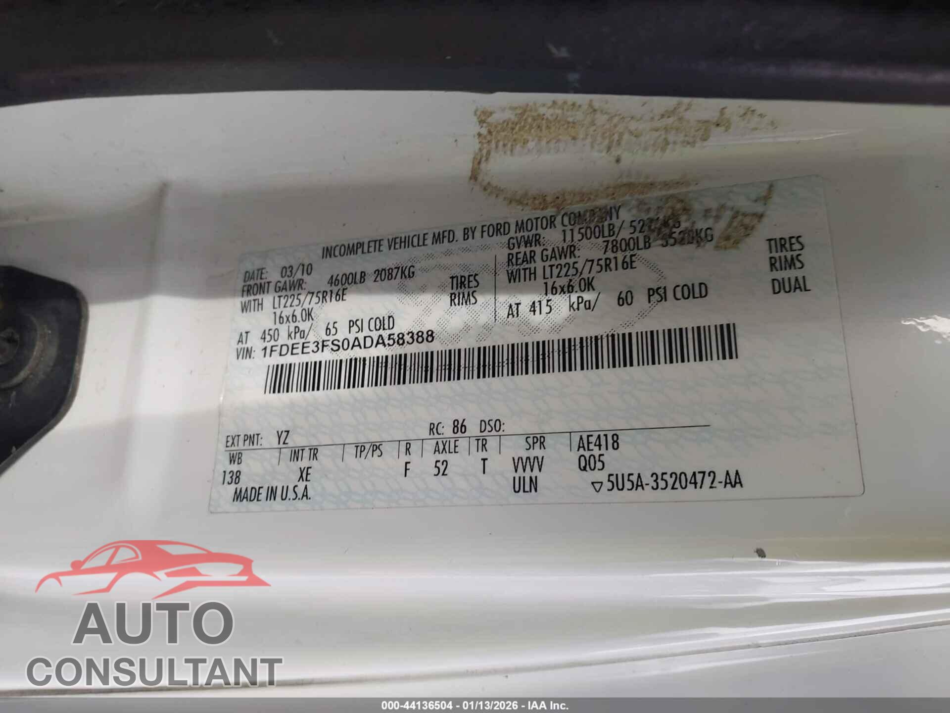 FORD E-350 CUTAWAY 2010 - 1FDEE3FS0ADA58388