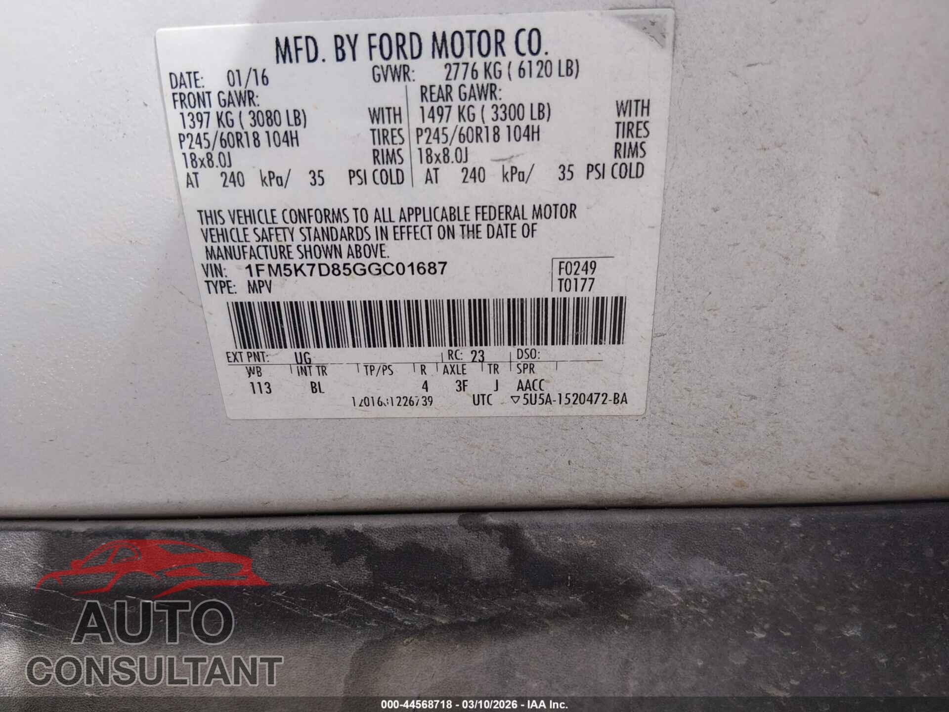 FORD EXPLORER 2016 - 1FM5K7D85GGC01687