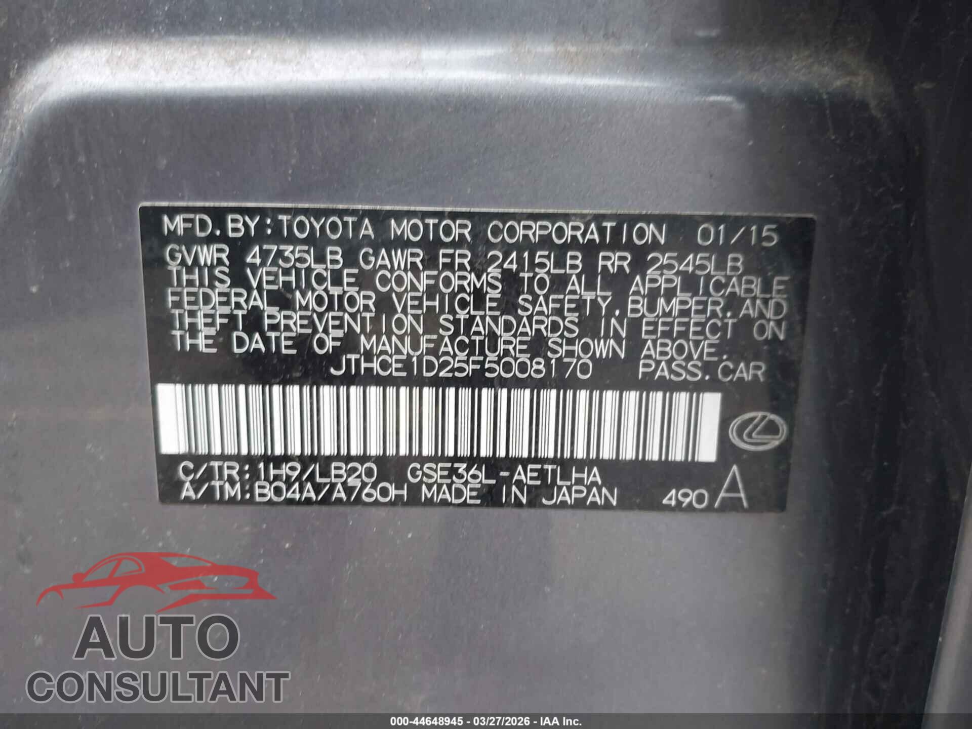 LEXUS IS 350 2015 - JTHCE1D25F5008170