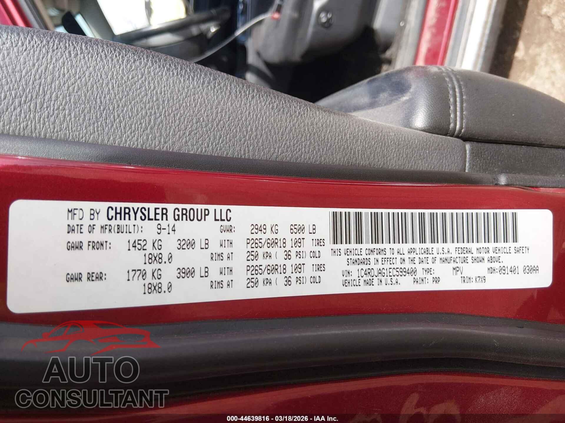 DODGE DURANGO 2014 - 1C4RDJAG1EC599400