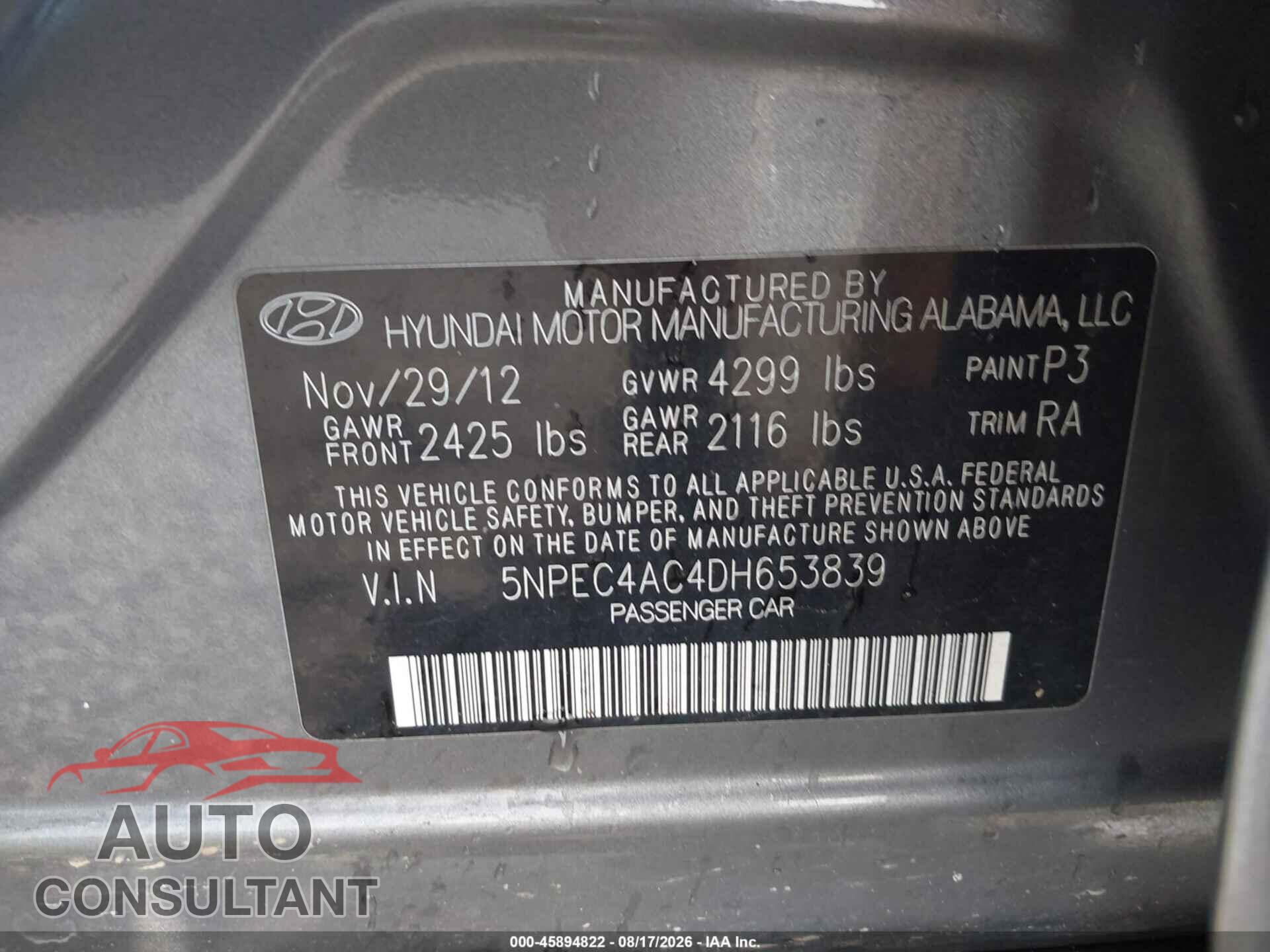 HYUNDAI SONATA 2013 - 5NPEC4AC4DH653839