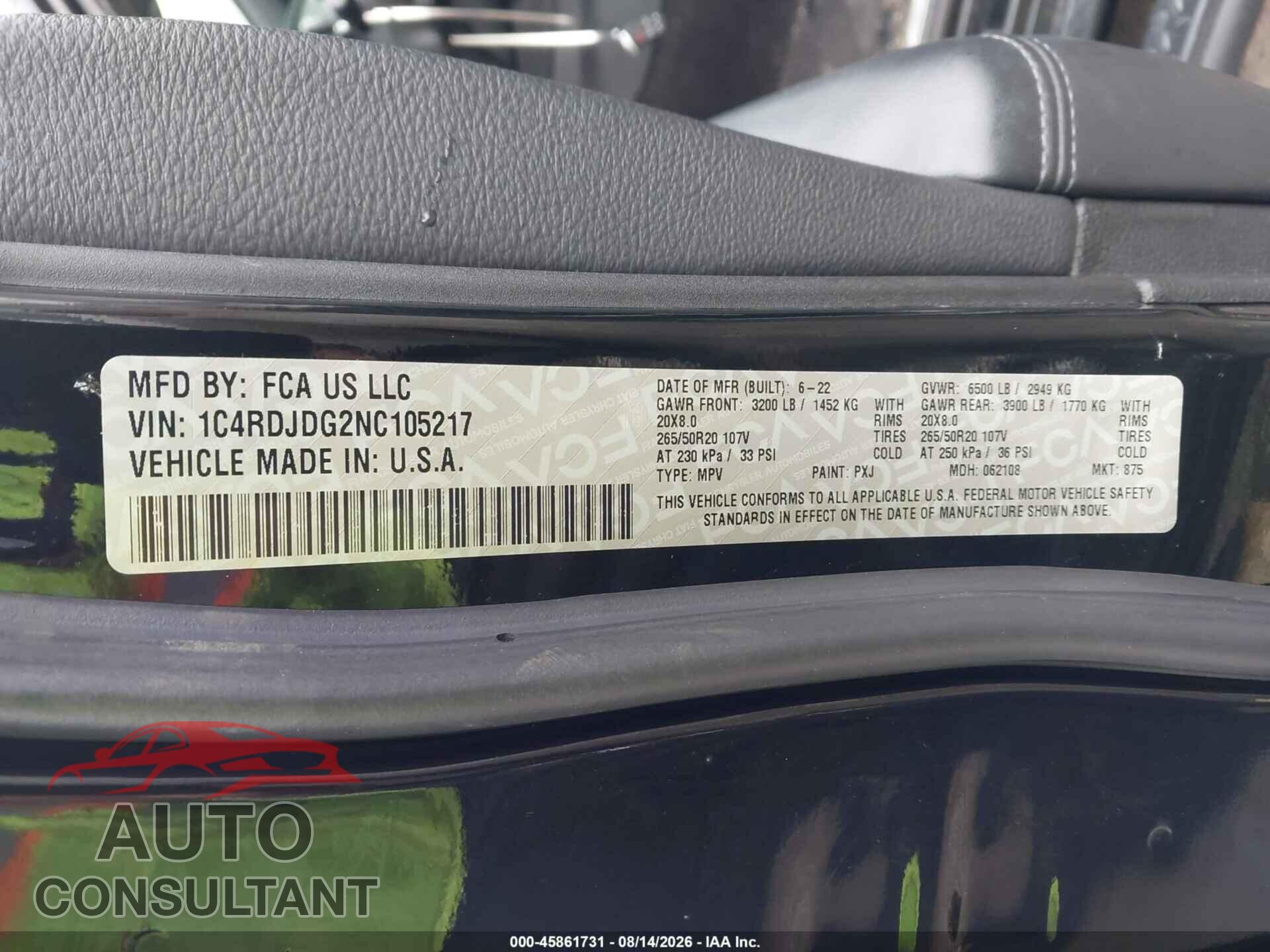 DODGE DURANGO 2022 - 1C4RDJDG2NC105217