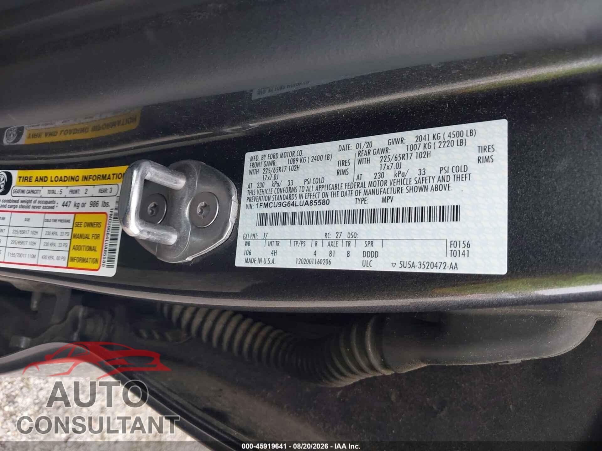 FORD ESCAPE 2020 - 1FMCU9G64LUA85580