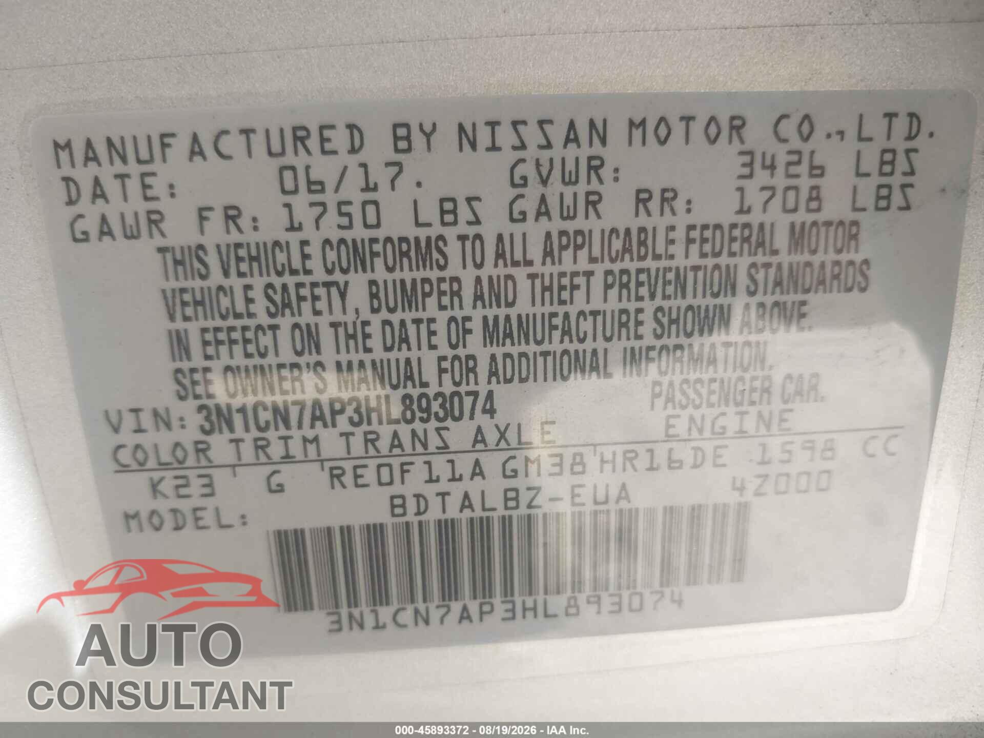 NISSAN VERSA 2017 - 3N1CN7AP3HL893074