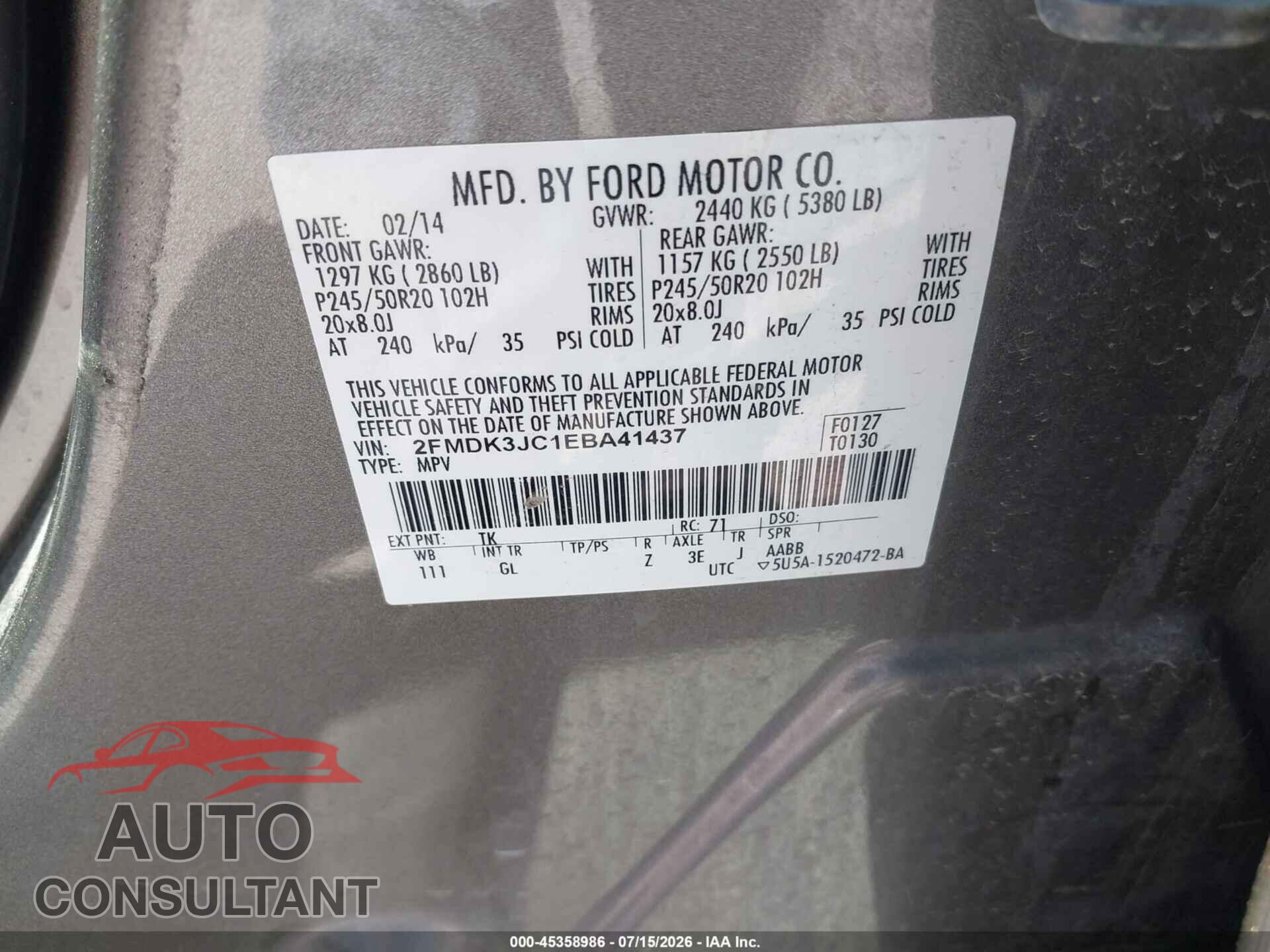 FORD EDGE 2014 - 2FMDK3JC1EBA41437