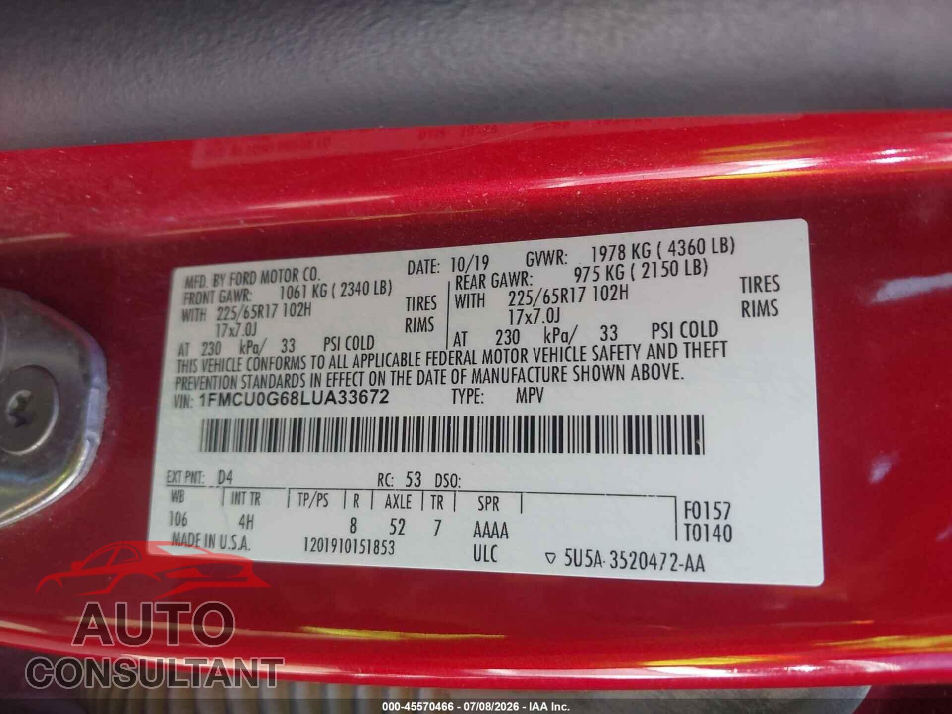 FORD ESCAPE 2020 - 1FMCU0G68LUA33672