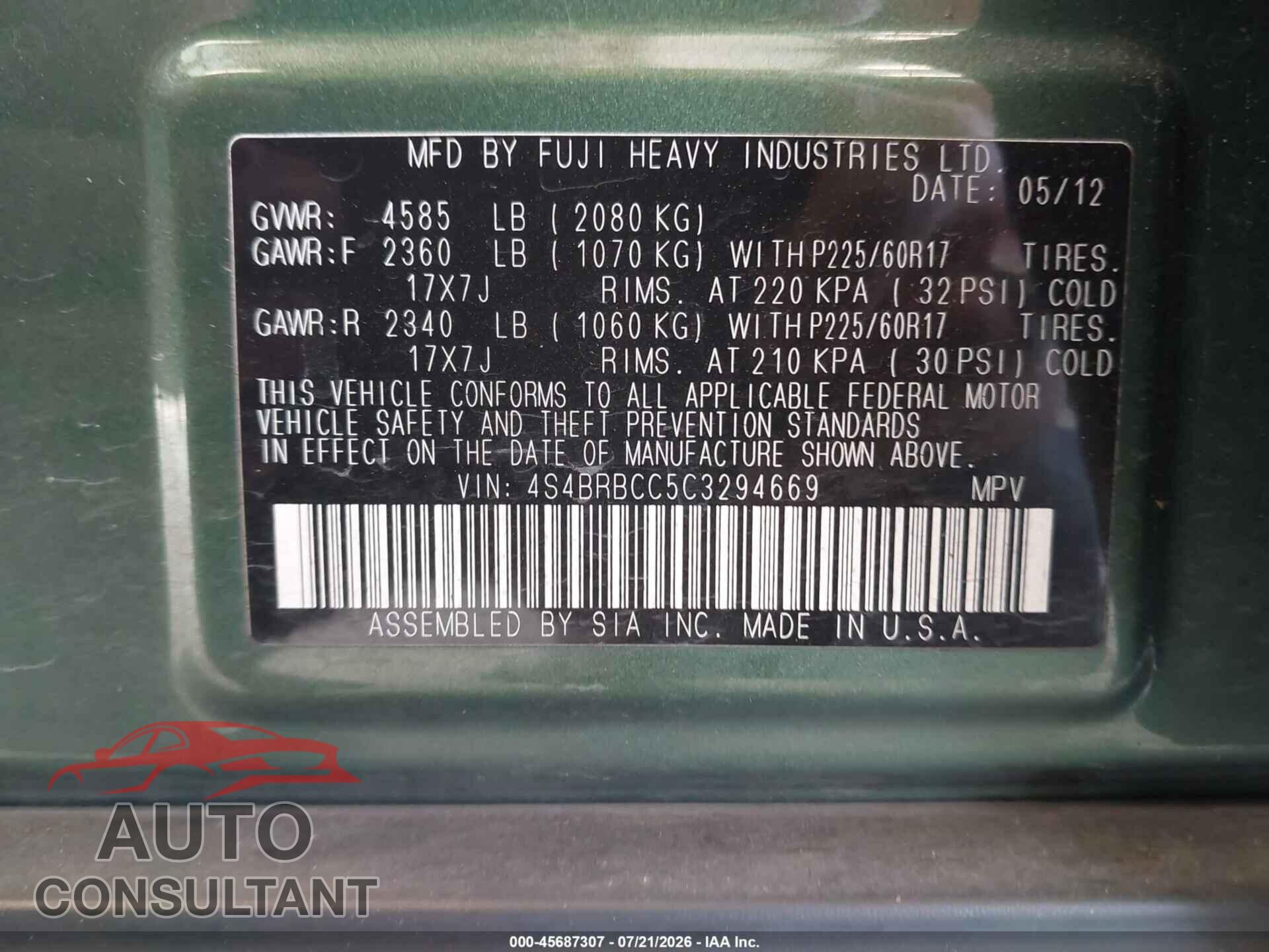 SUBARU OUTBACK 2012 - 4S4BRBCC5C3294669