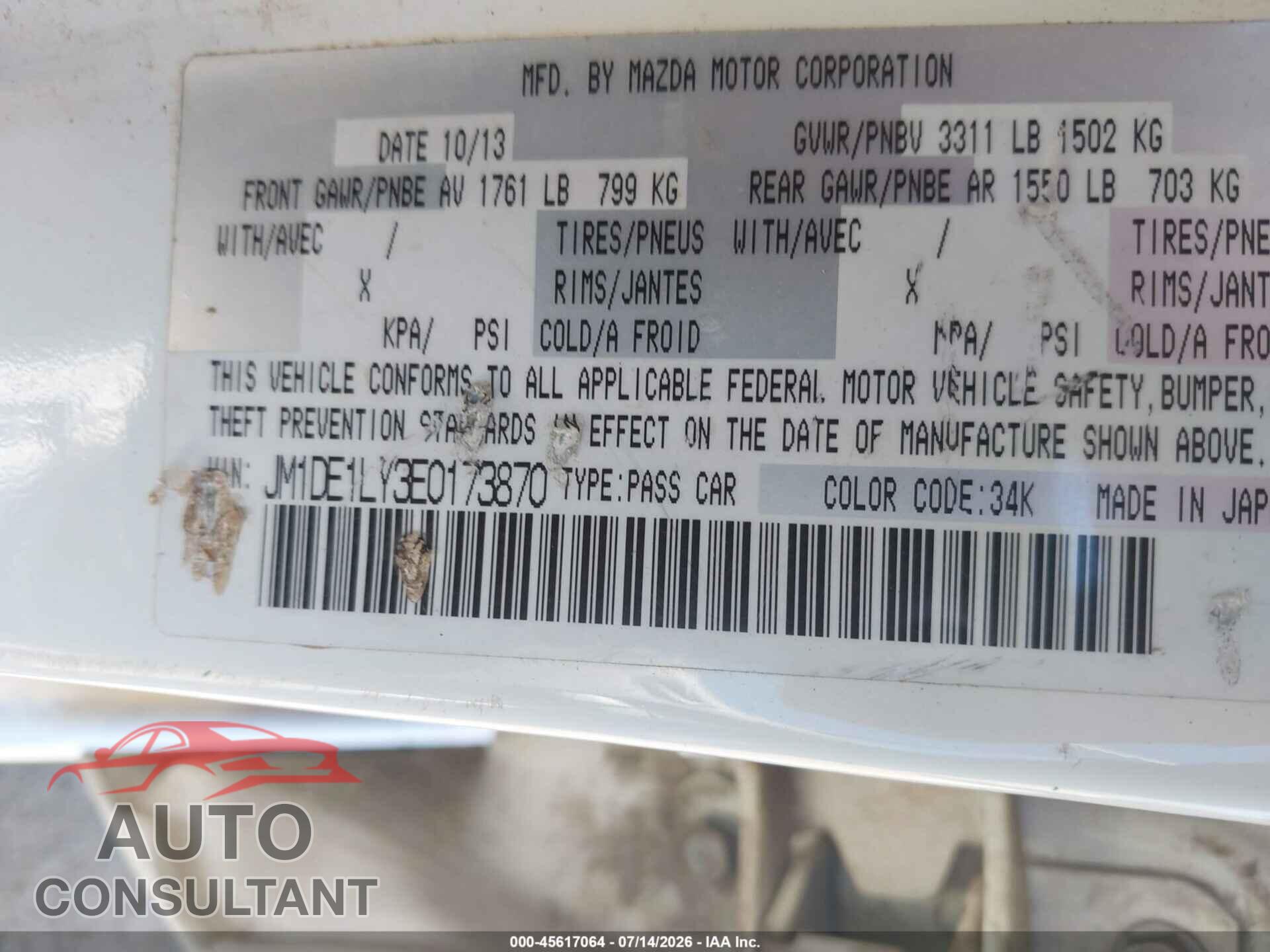 MAZDA MAZDA2 2014 - JM1DE1LY3E0173870