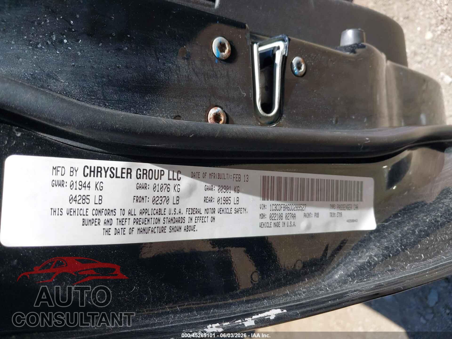 DODGE DART 2013 - 1C3CDFBA6DD289527