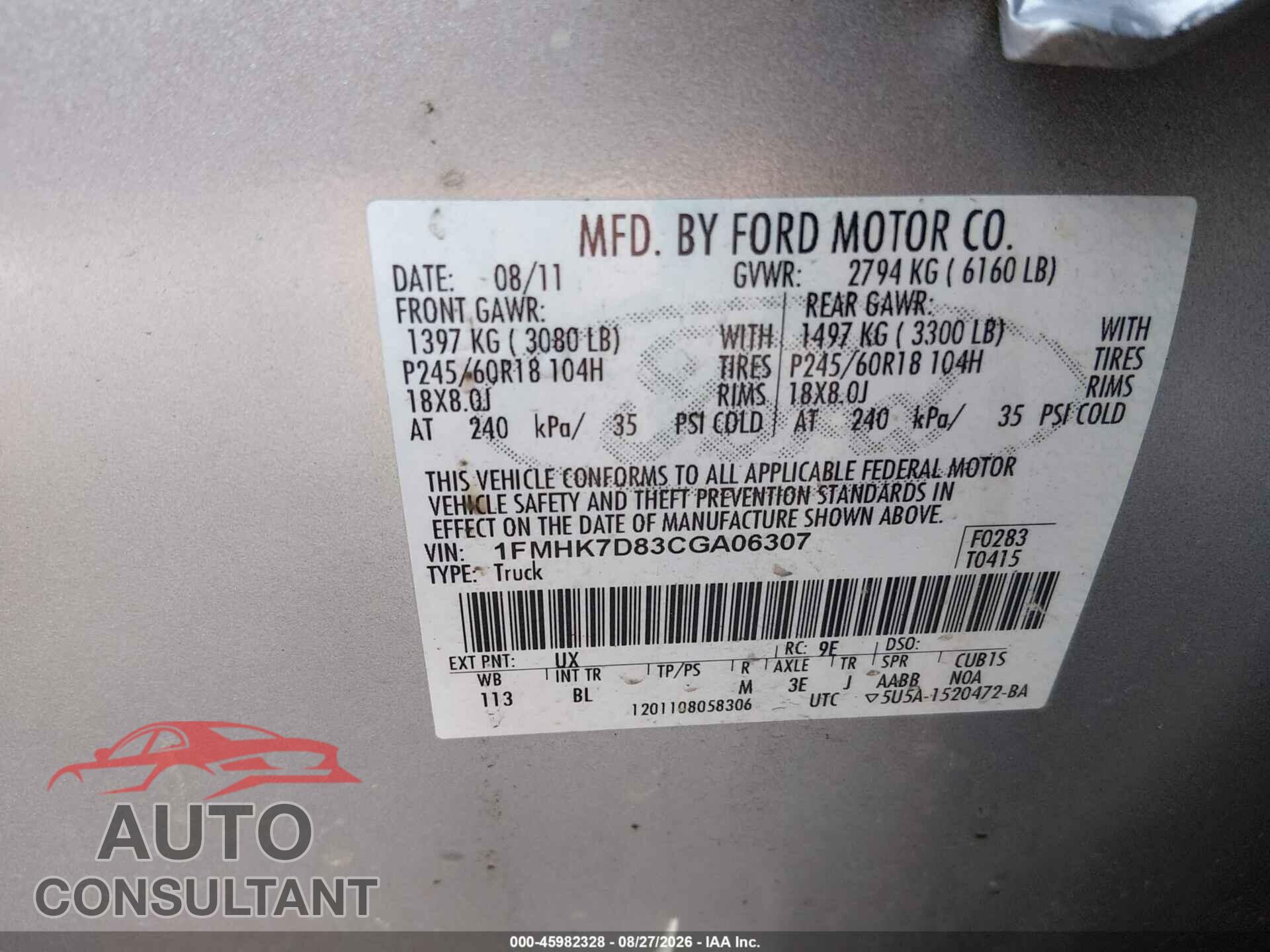 FORD EXPLORER 2012 - 1FMHK7D83CGA06307