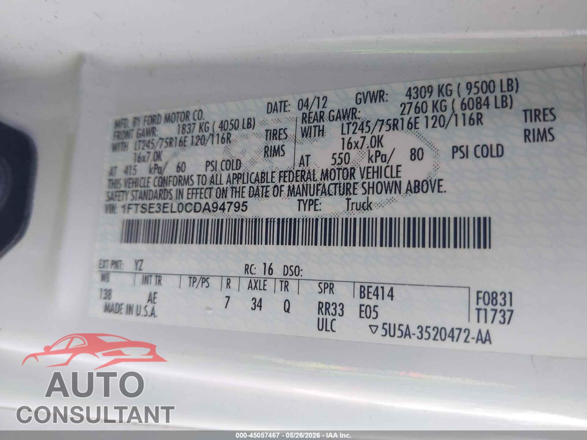 FORD E-350 SUPER DUTY 2012 - 1FTSE3EL0CDA94795
