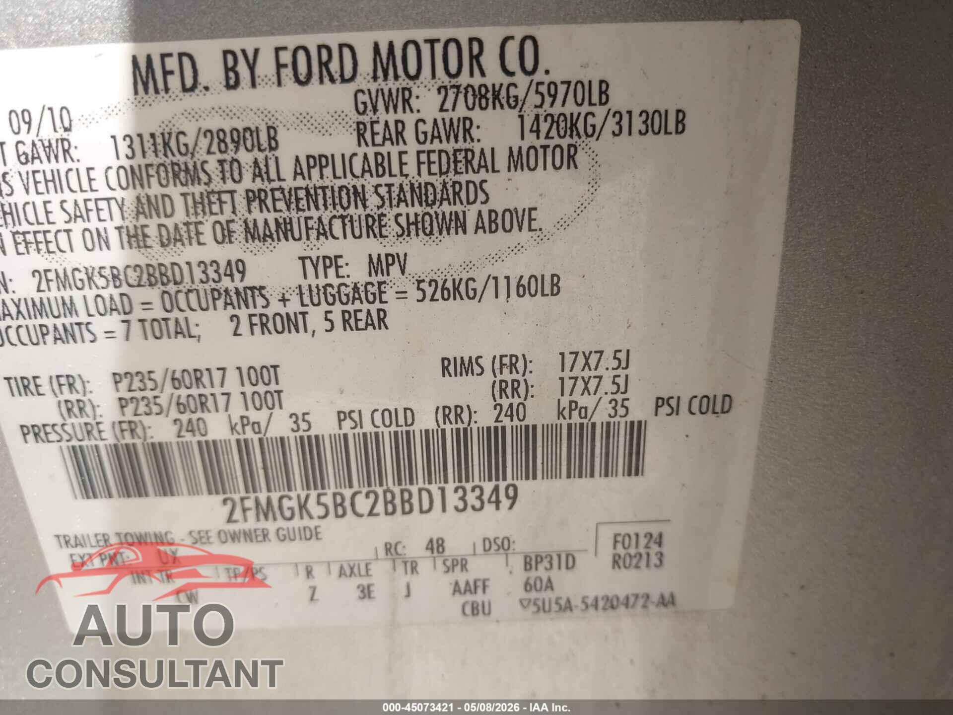 FORD FLEX 2011 - 2FMGK5BC2BBD13349