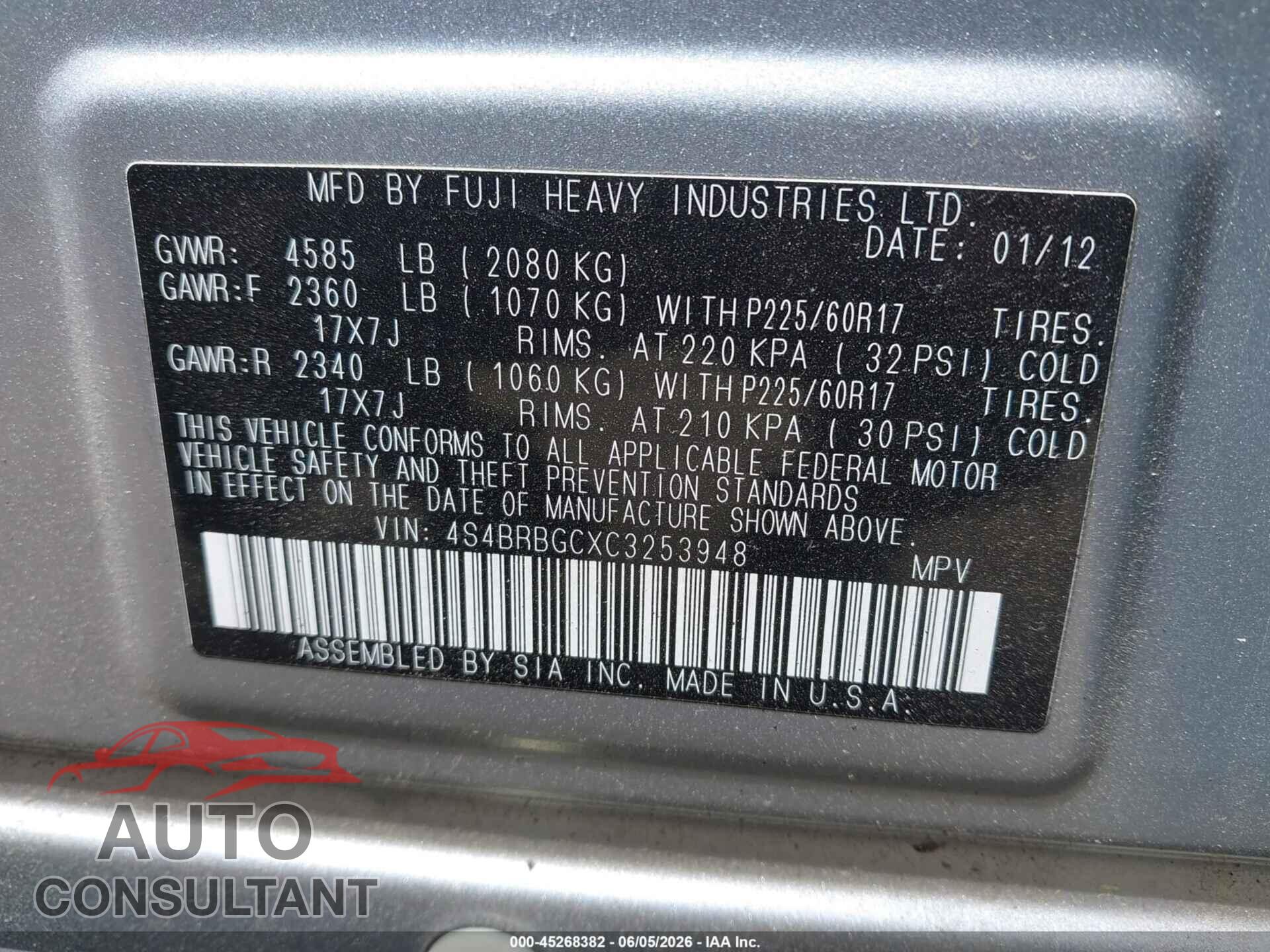 SUBARU OUTBACK 2012 - 4S4BRBGCXC3253948