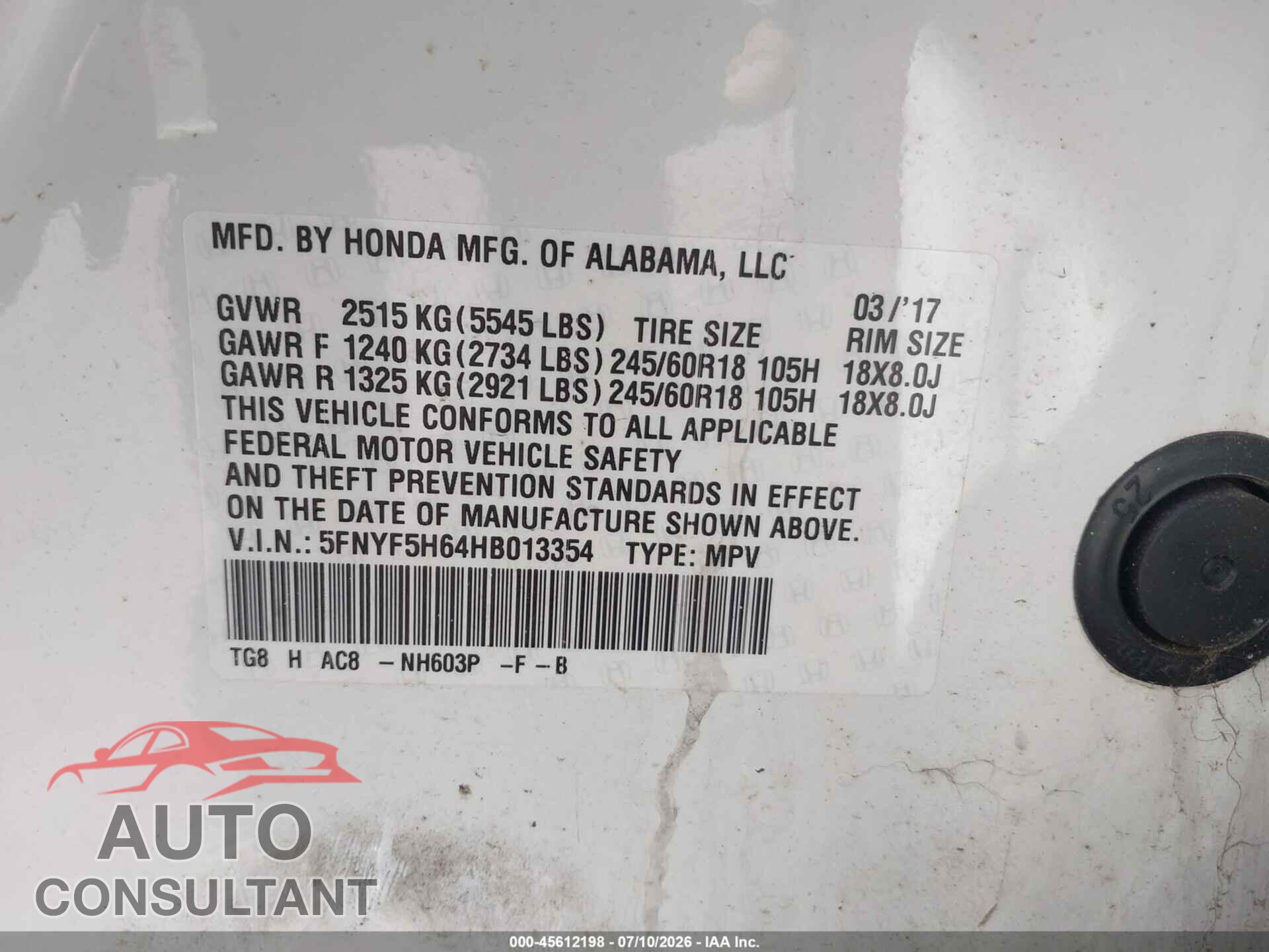 HONDA PILOT 2017 - 5FNYF5H64HB013354