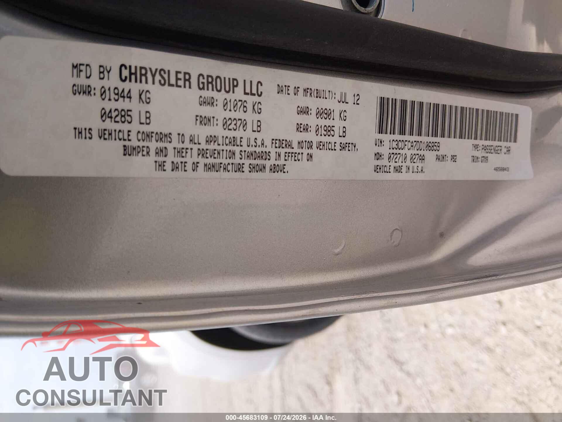 DODGE DART 2013 - 1C3CDFCA7DD106859