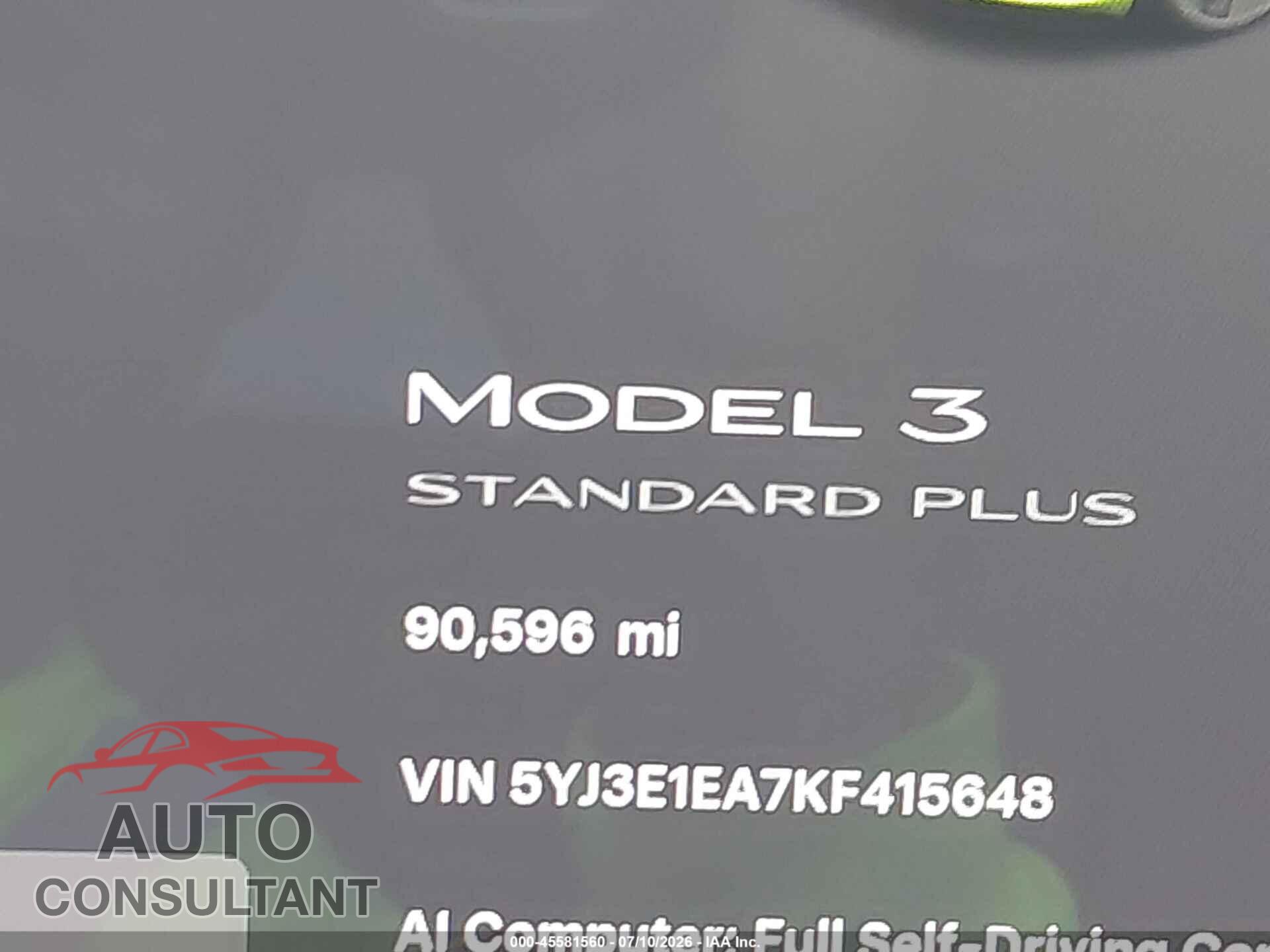 TESLA MODEL 3 2019 - 5YJ3E1EA7KF415648