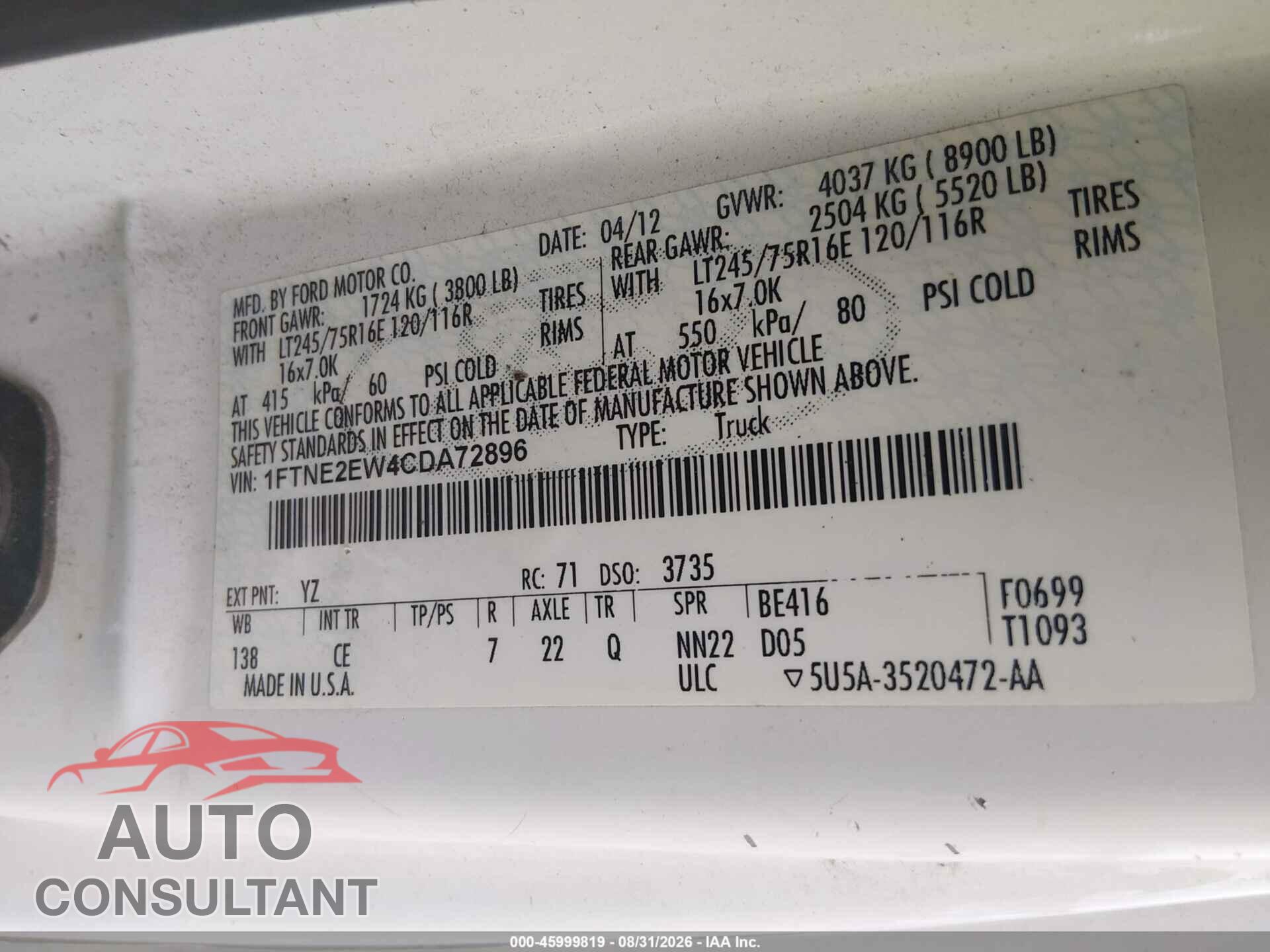 FORD E-250 2012 - 1FTNE2EW4CDA72896