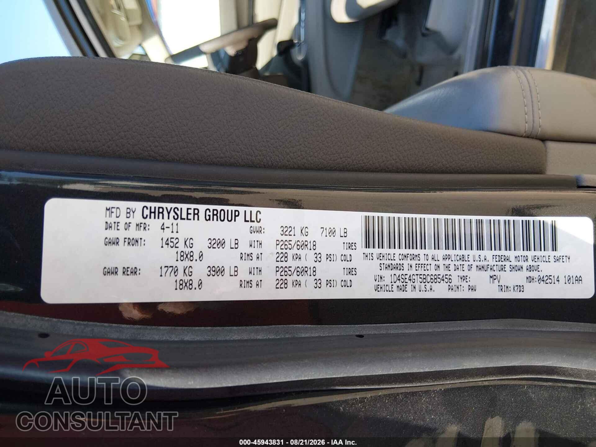 DODGE DURANGO 2011 - 1D4SE4GT5BC685456
