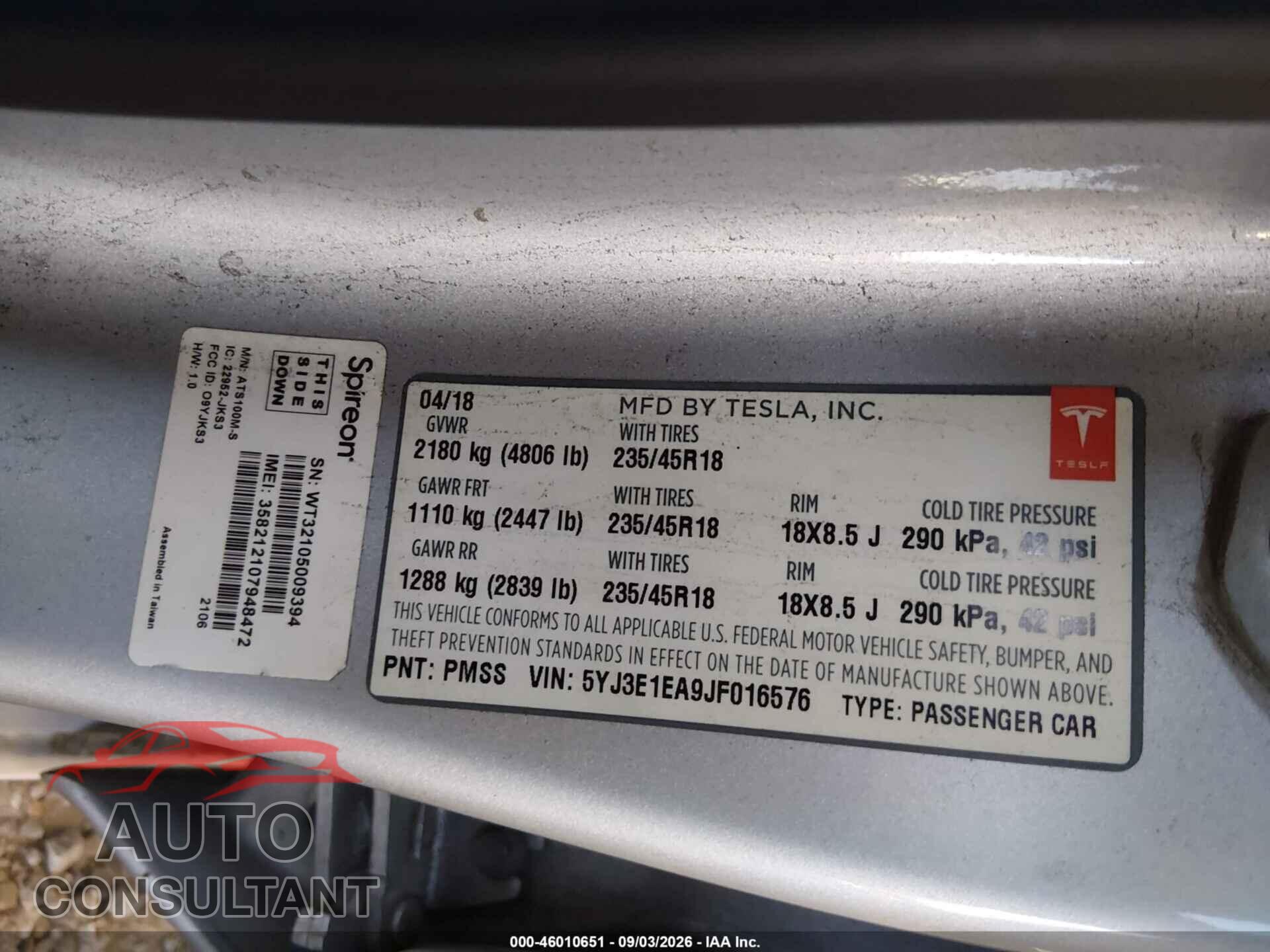 TESLA MODEL 3 2018 - 5YJ3E1EA9JF016576