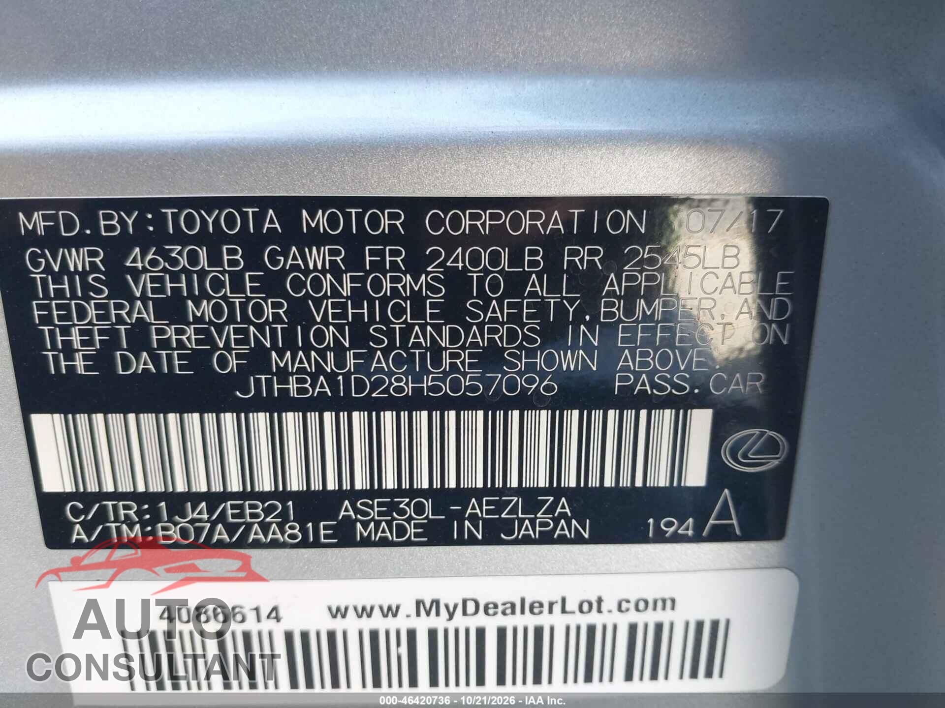 LEXUS IS 200T 2017 - JTHBA1D28H5057096