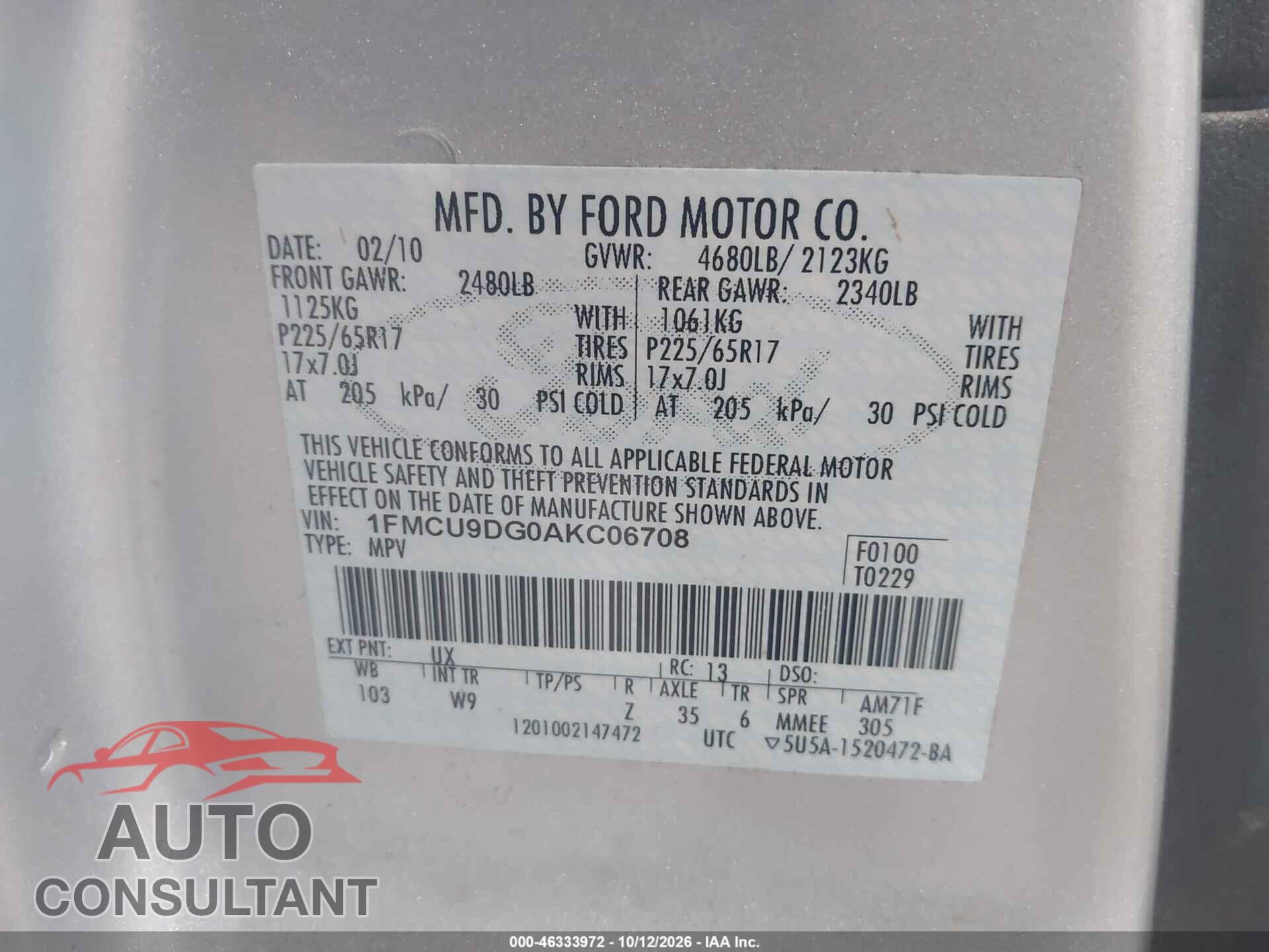 FORD ESCAPE 2010 - 1FMCU9DG0AKC06708