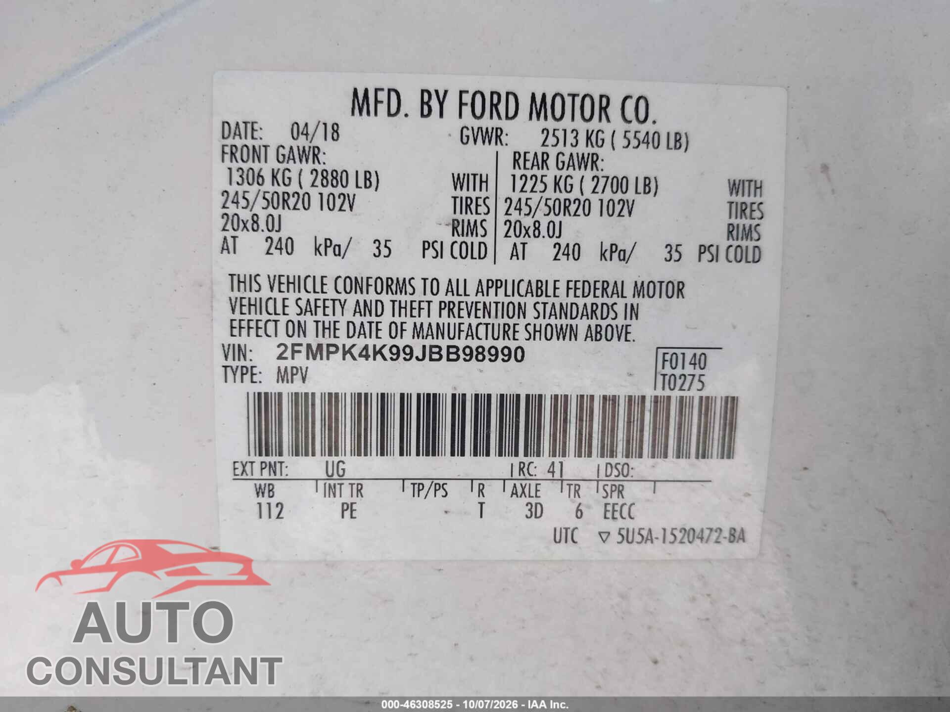 FORD EDGE 2018 - 2FMPK4K99JBB98990