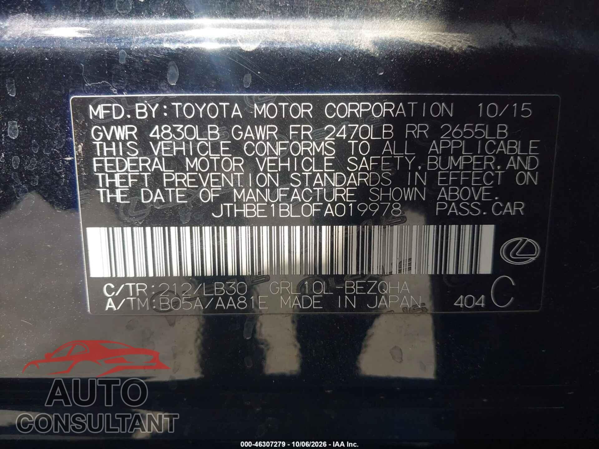 LEXUS GS 350 2015 - JTHBE1BL0FA019978