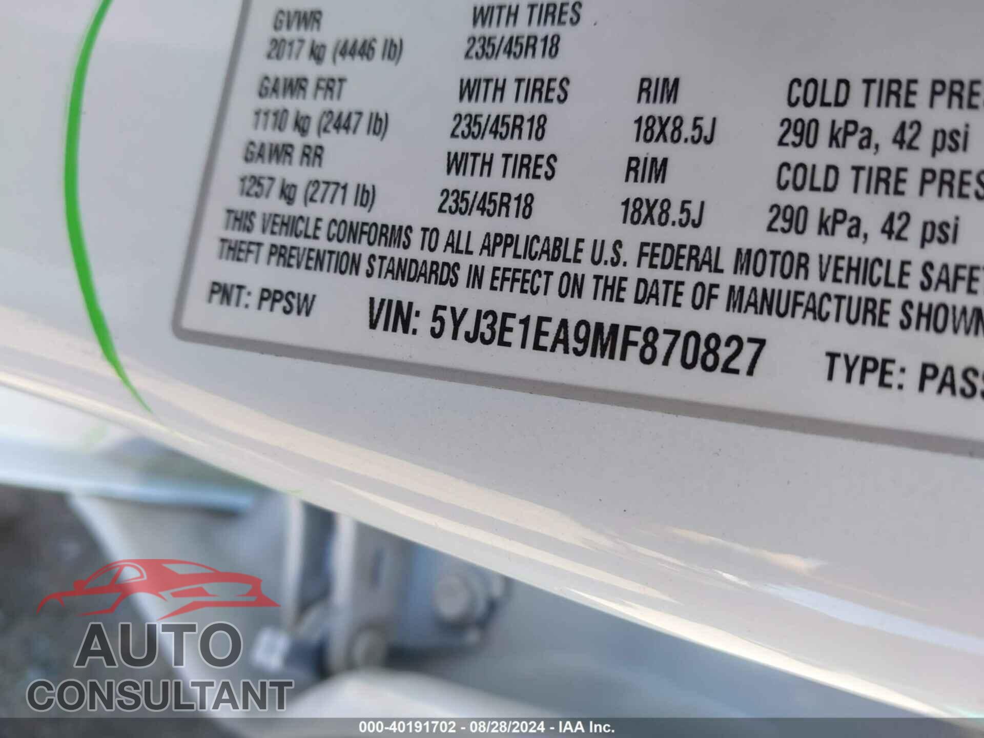 TESLA MODEL 3 2021 - 5YJ3E1EA9MF870827