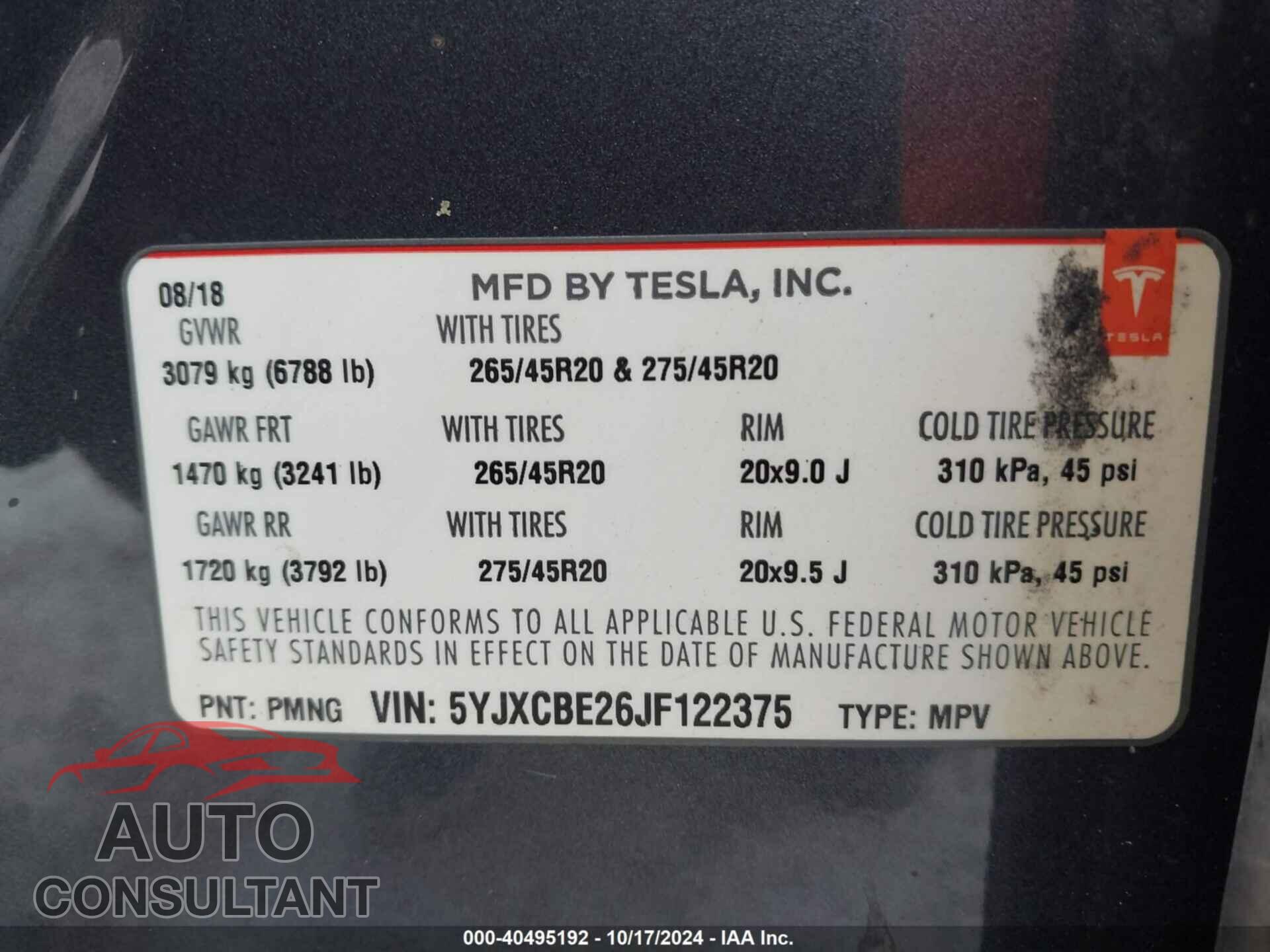 TESLA MODEL X 2018 - 5YJXCBE26JF122375