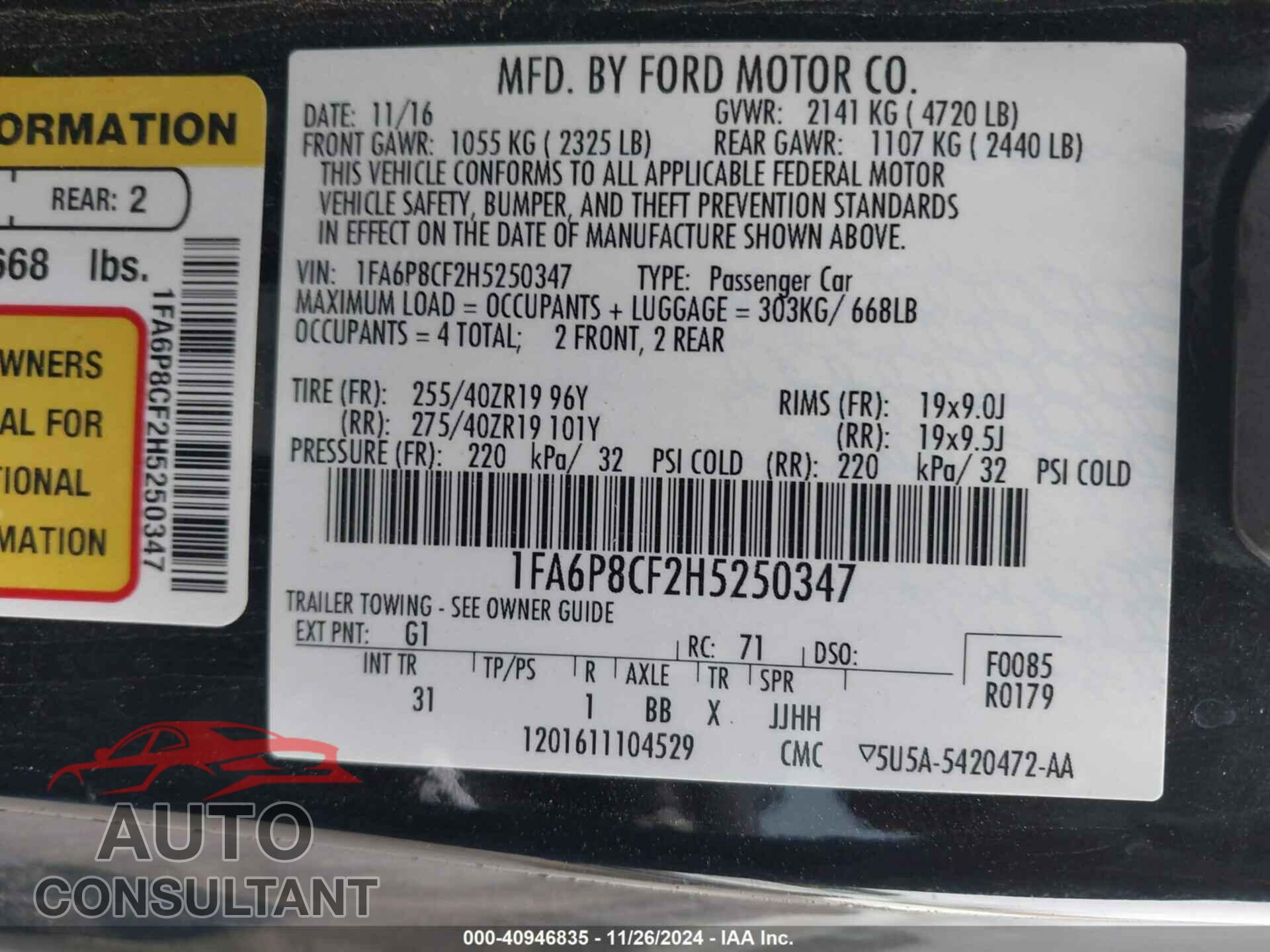 FORD MUSTANG 2017 - 1FA6P8CF2H5250347