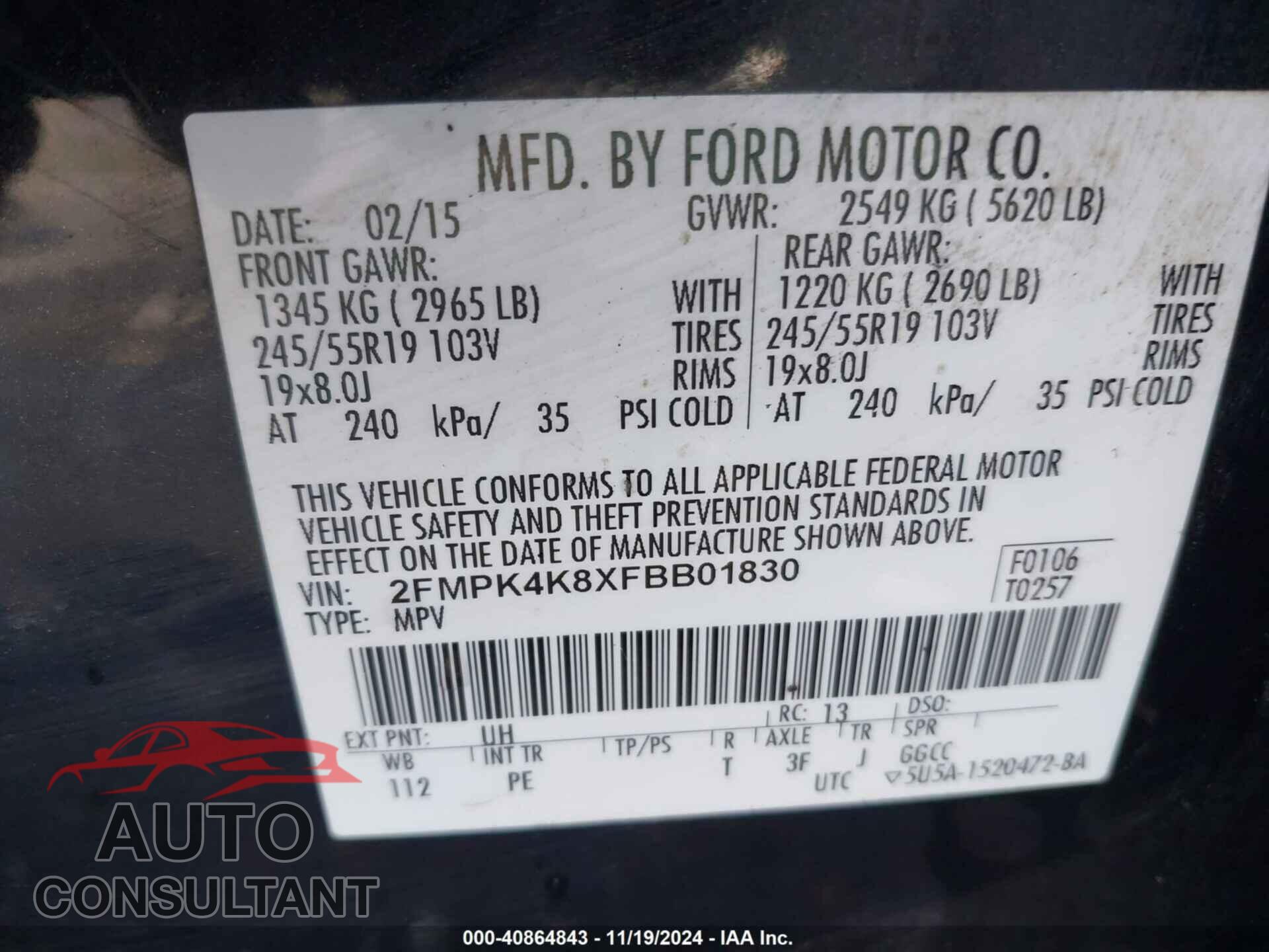 FORD EDGE 2015 - 2FMPK4K8XFBB01830