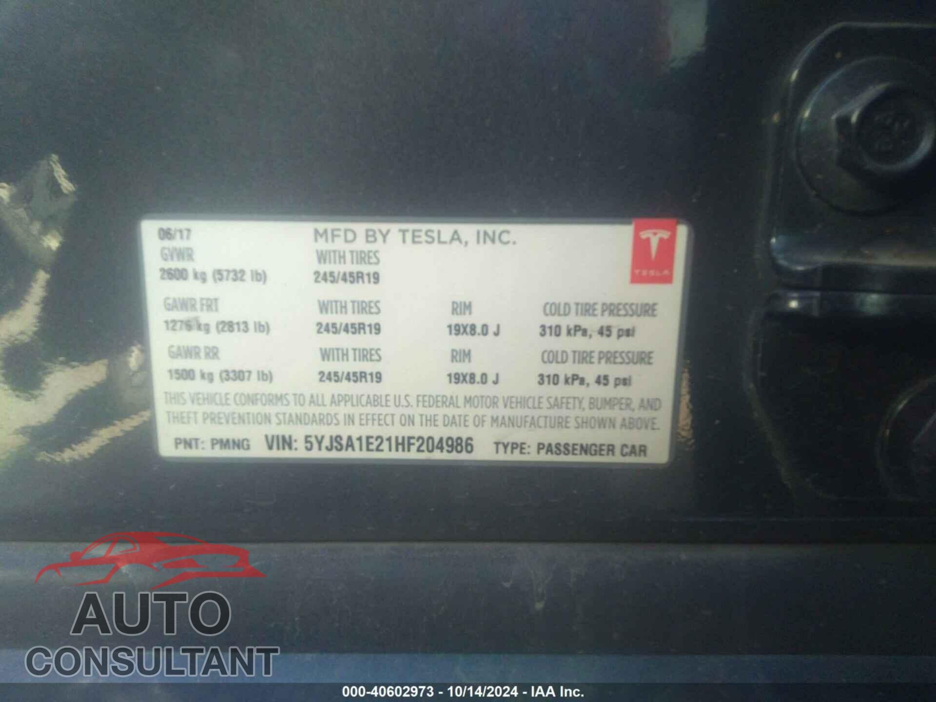 TESLA MODEL S 2017 - 5YJSA1E21HF204986