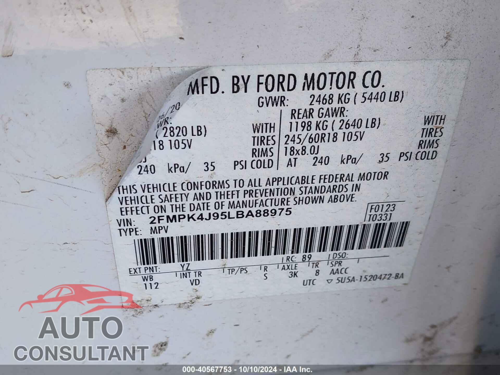 FORD EDGE 2020 - 2FMPK4J95LBA88975