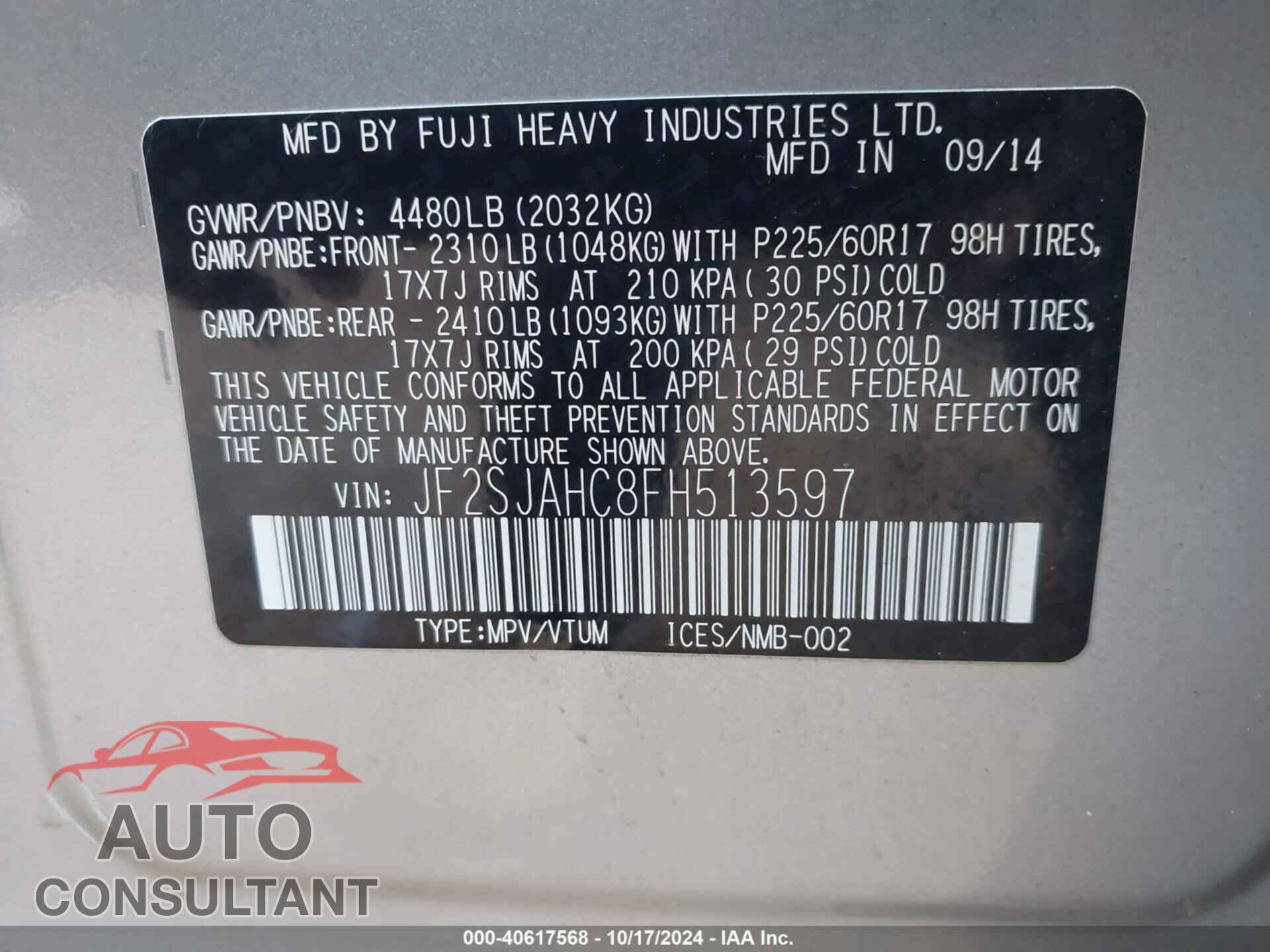 SUBARU FORESTER 2015 - JF2SJAHC8FH513597