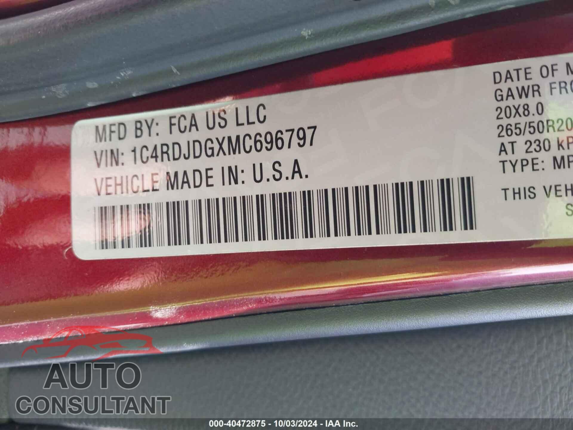 DODGE DURANGO 2021 - 1C4RDJDGXMC696797