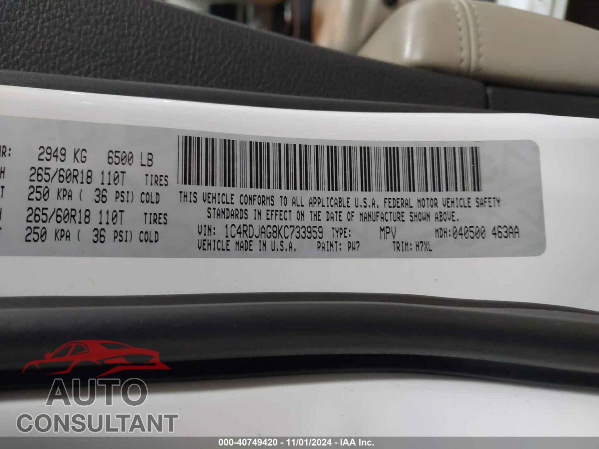 DODGE DURANGO 2019 - 1C4RDJAG8KC733959