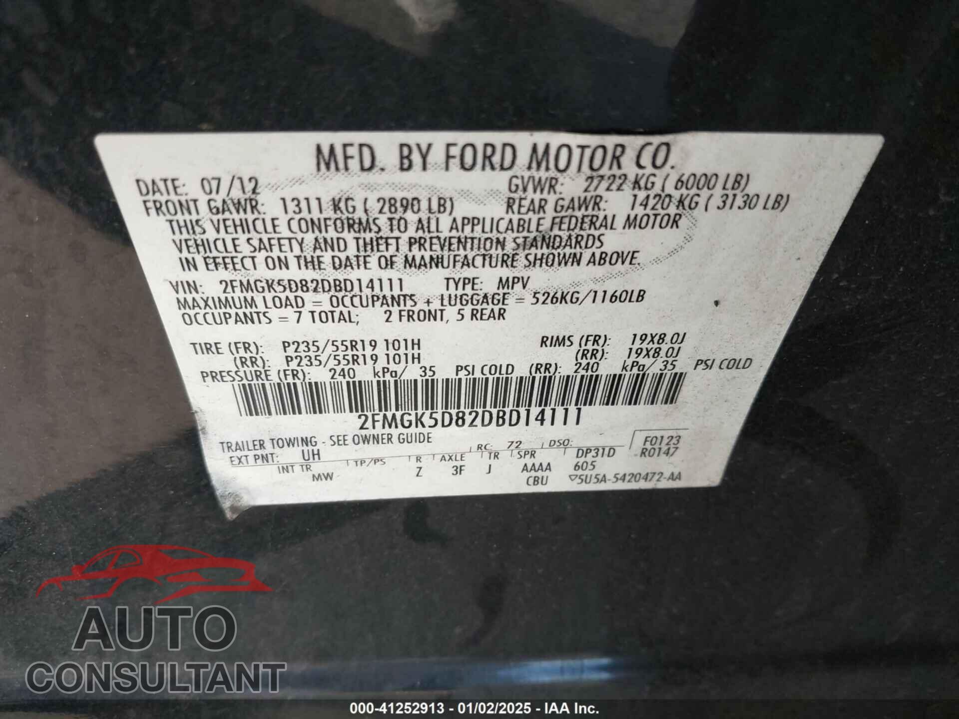 FORD FLEX 2013 - 2FMGK5D82DBD14111