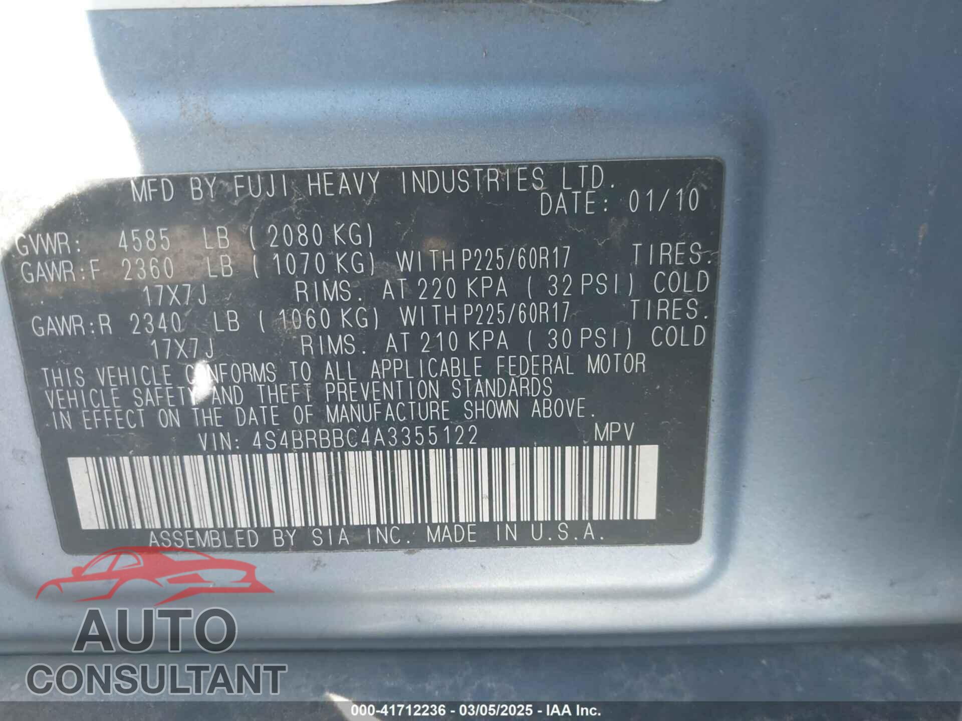SUBARU OUTBACK 2010 - 4S4BRBBC4A3355122