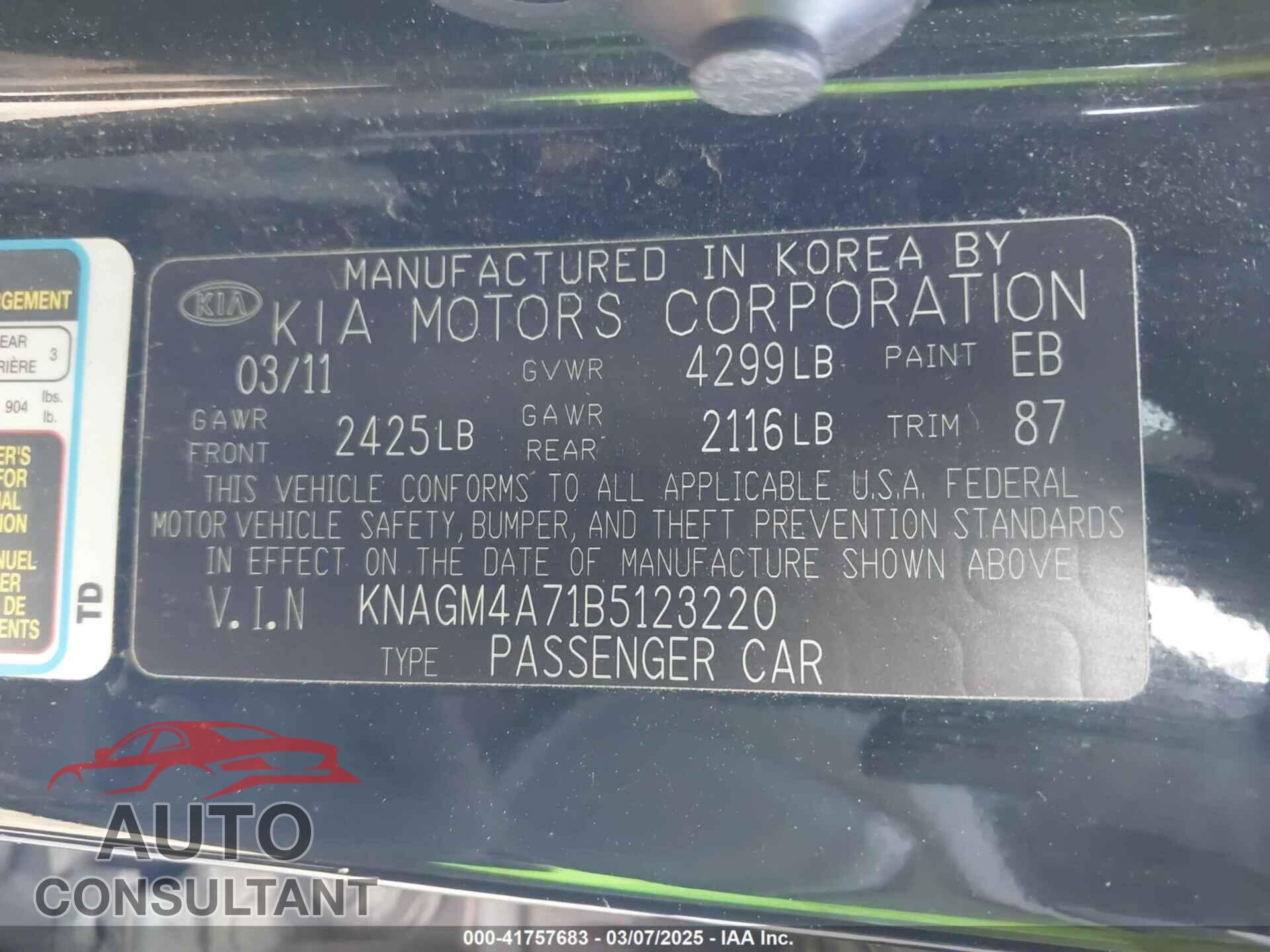 KIA OPTIMA 2011 - KNAGM4A71B5123220