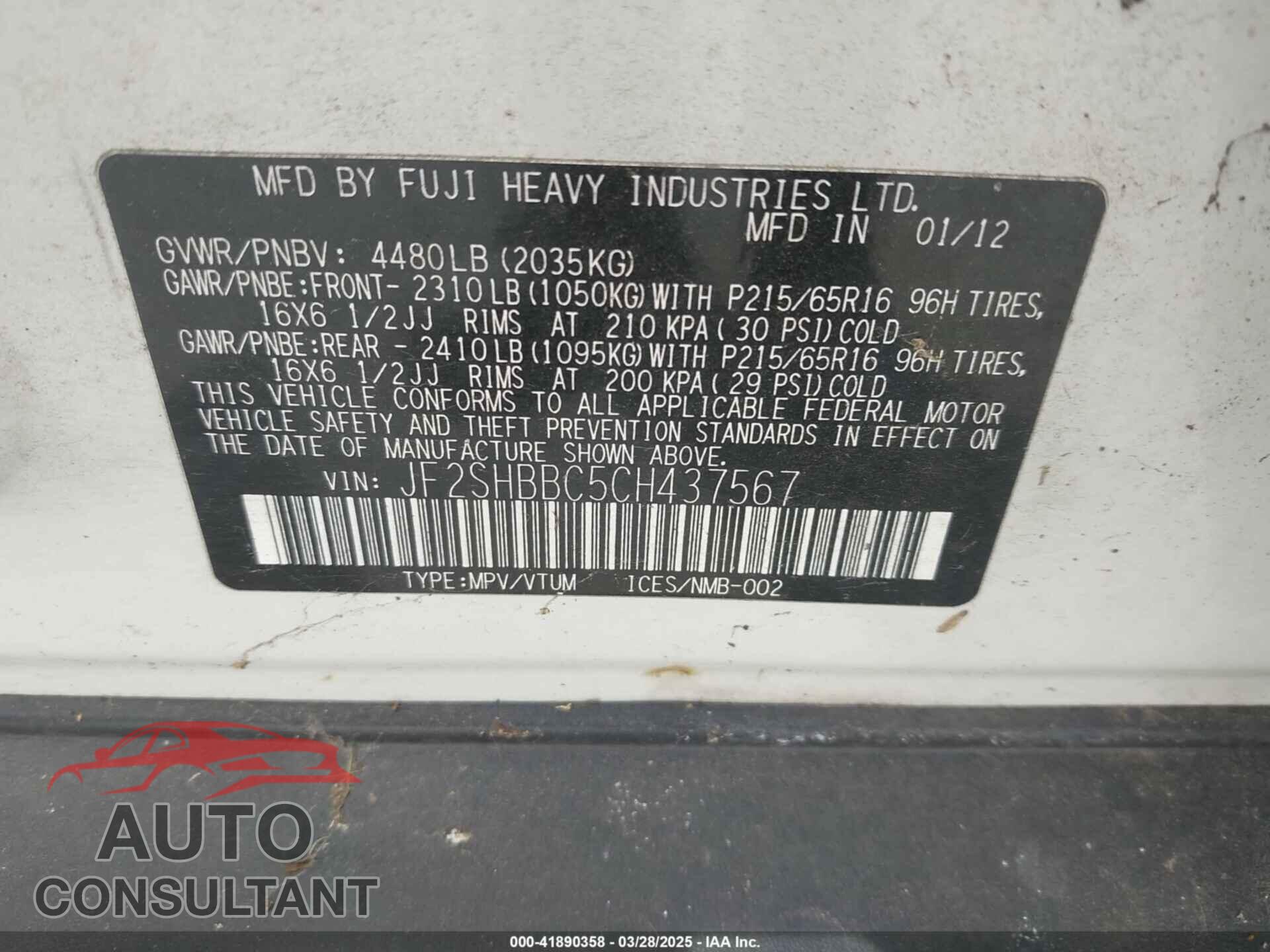 SUBARU FORESTER 2012 - JF2SHBBC5CH437567