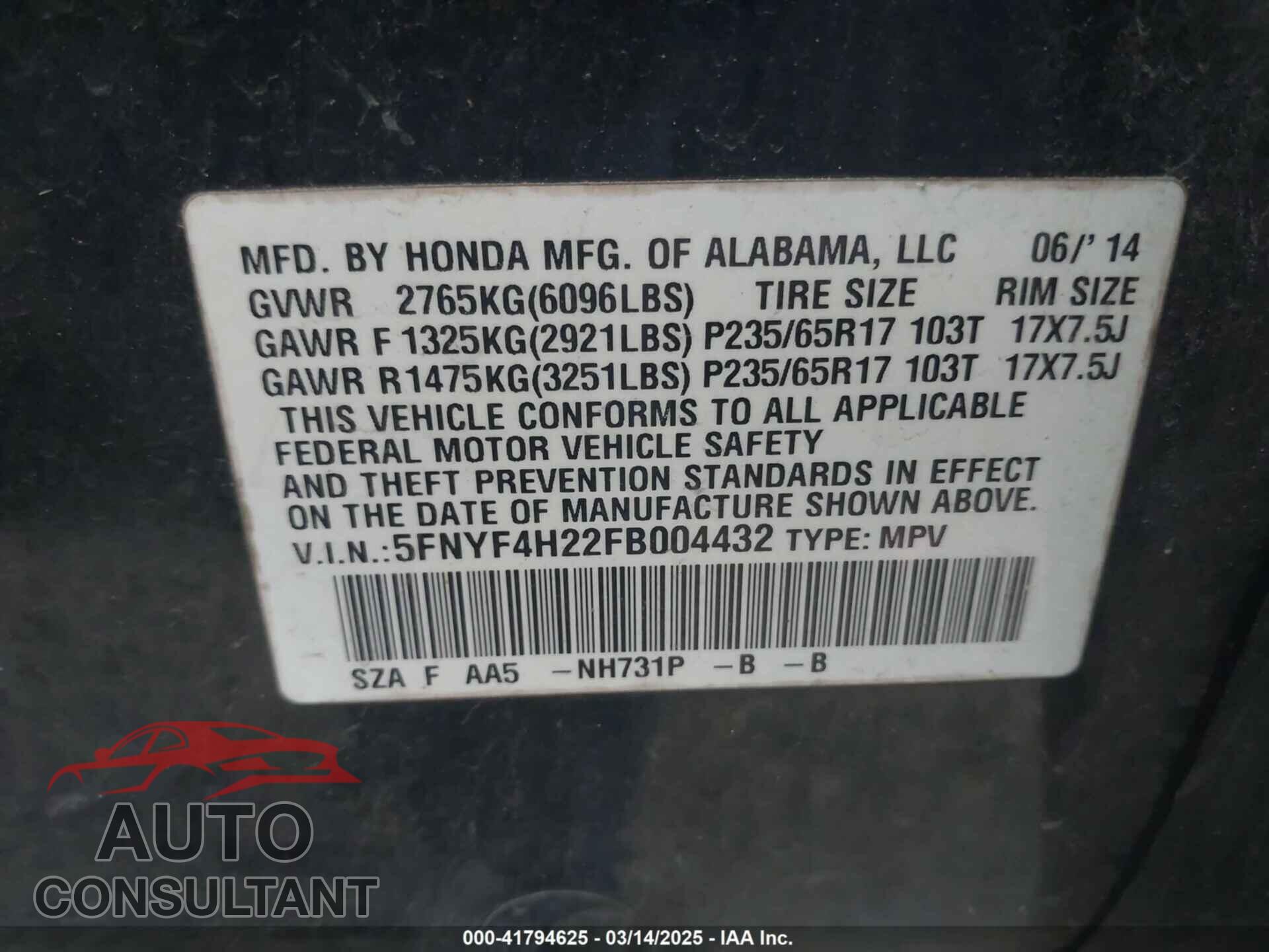 HONDA PILOT 2015 - 5FNYF4H22FB004432