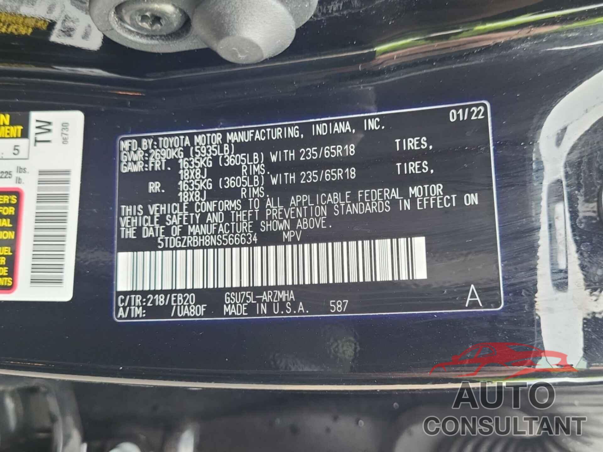 TOYOTA HIGHLANDER 2022 - 5TDGZRBH8NS566634
