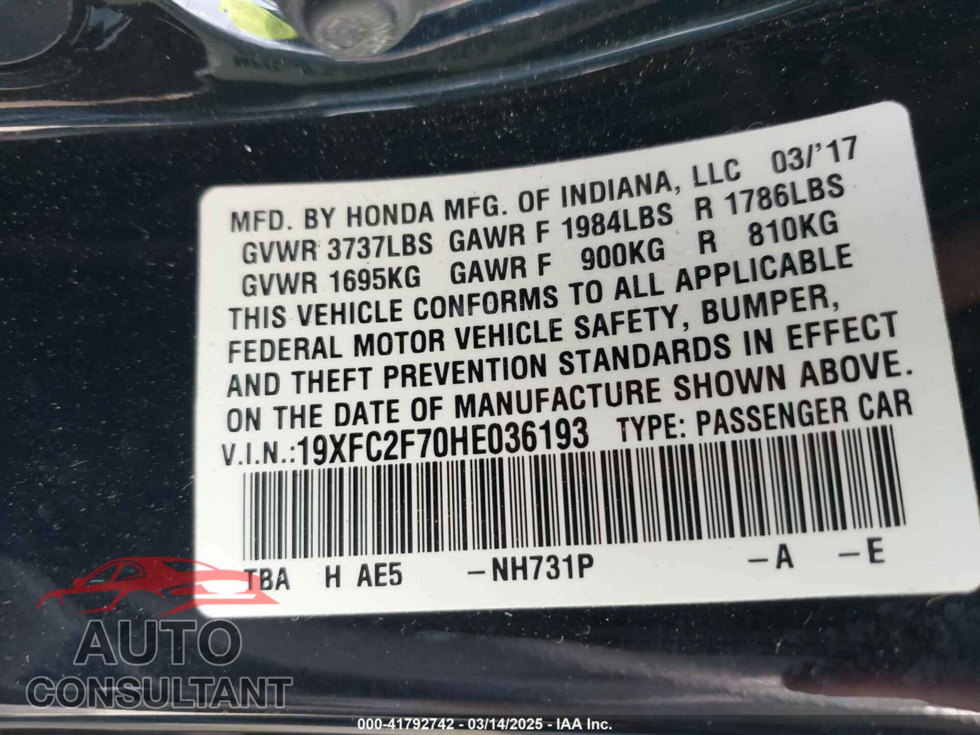 HONDA CIVIC 2017 - 19XFC2F70HE036193