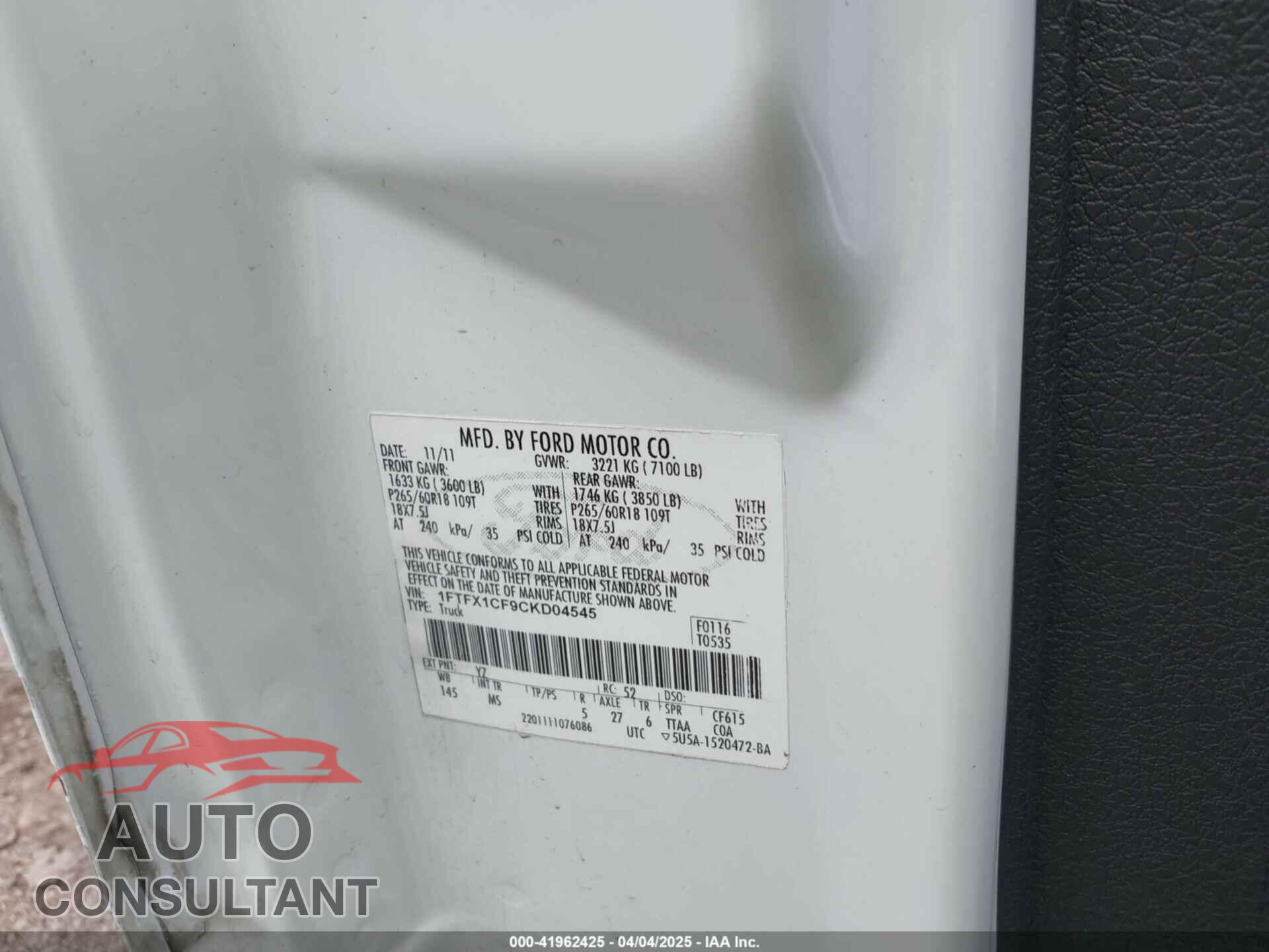 FORD F-150 2012 - 1FTFX1CF9CKD04545
