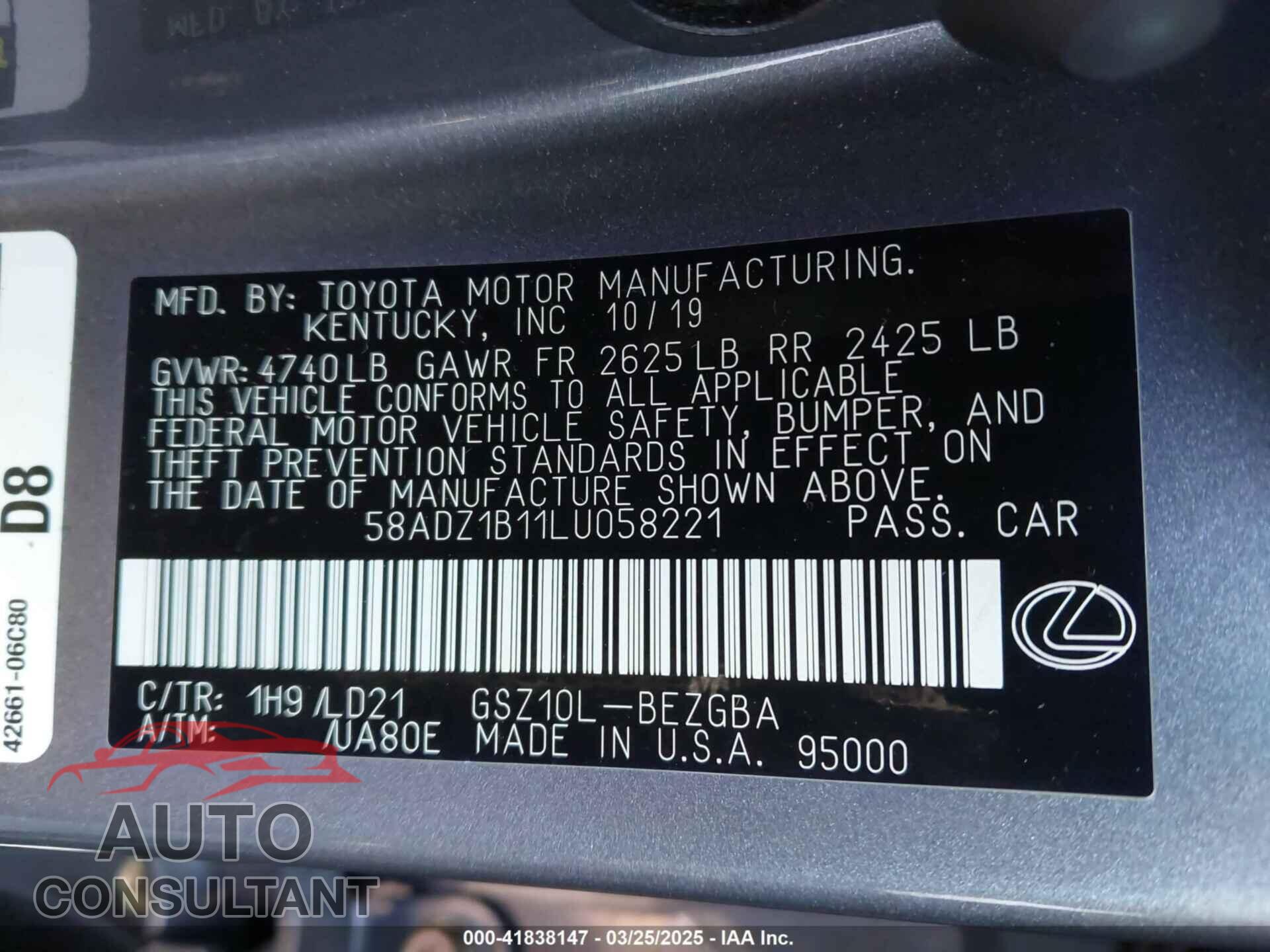 LEXUS ES 350 2020 - 58ADZ1B11LU058221