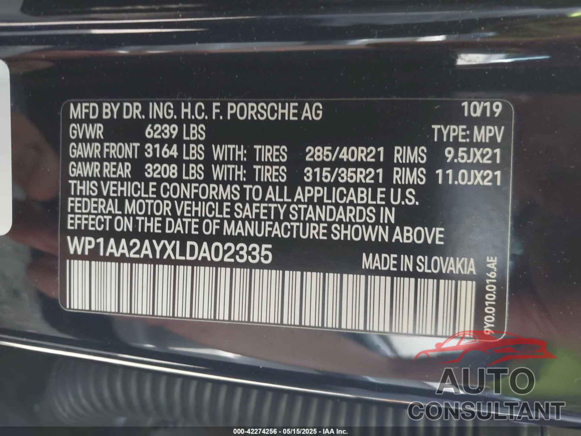 PORSCHE CAYENNE 2020 - WP1AA2AYXLDA02335
