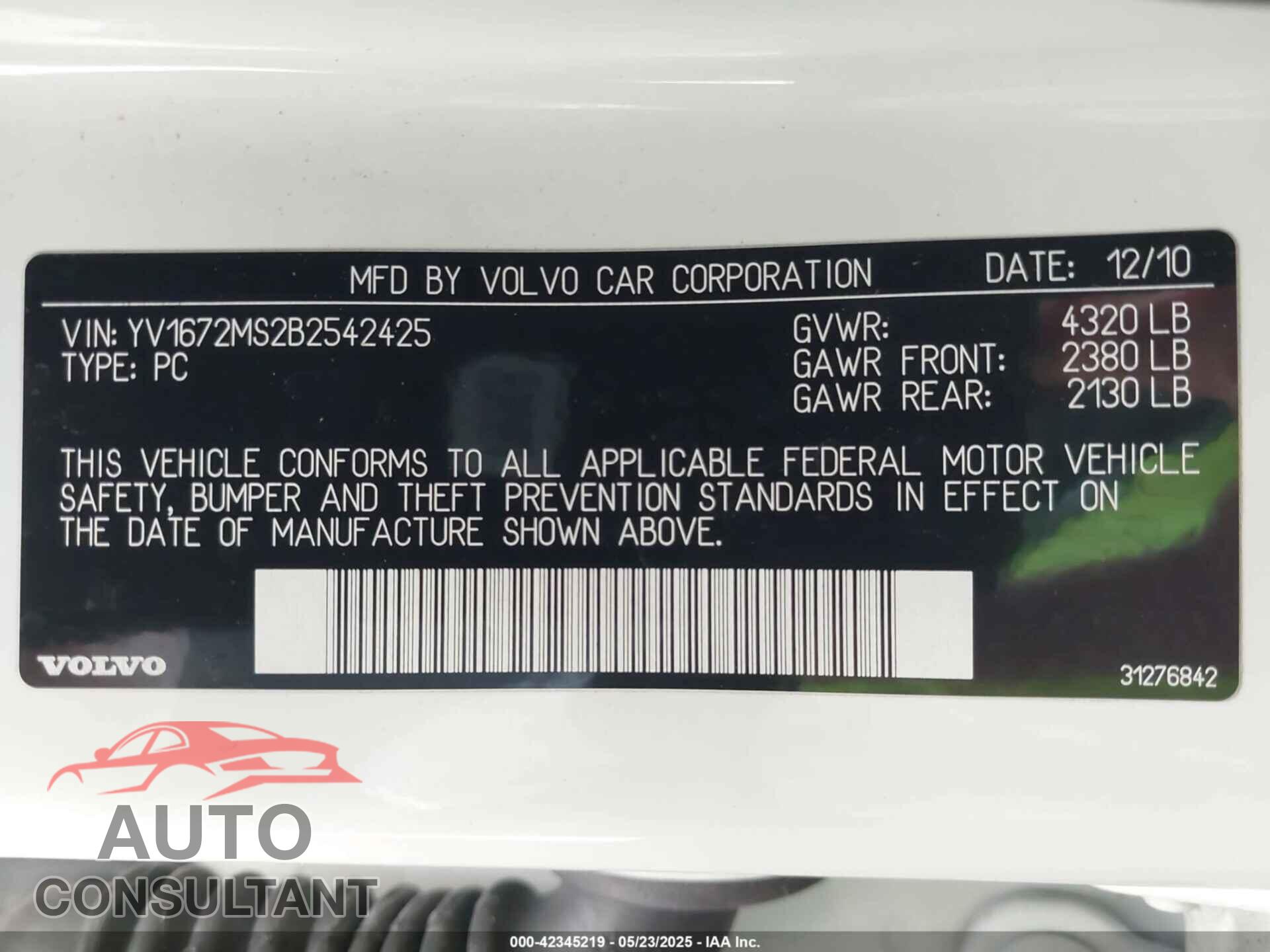 VOLVO S40 2011 - YV1672MS2B2542425