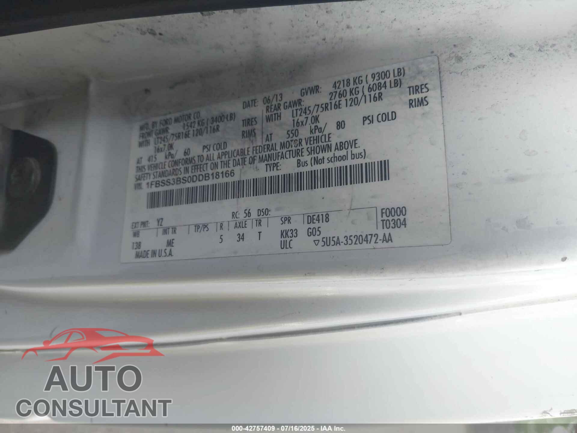 FORD ECONOLINE 2013 - 1FBSS3BS0DDB18166